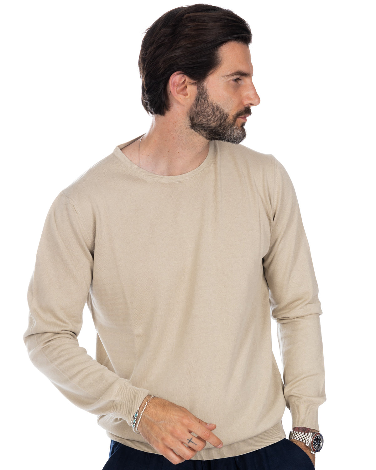 Men's beige cotton crewneck sweater, long sleeve knit pullover in light tan color.