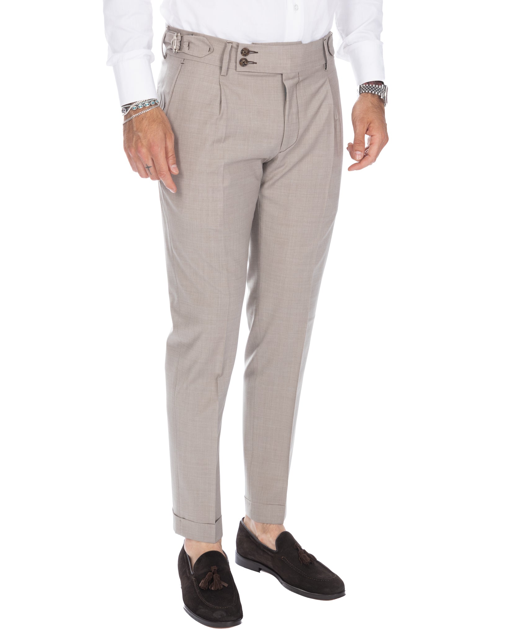 Manhattan - pantalón de lana beige de tiro alto