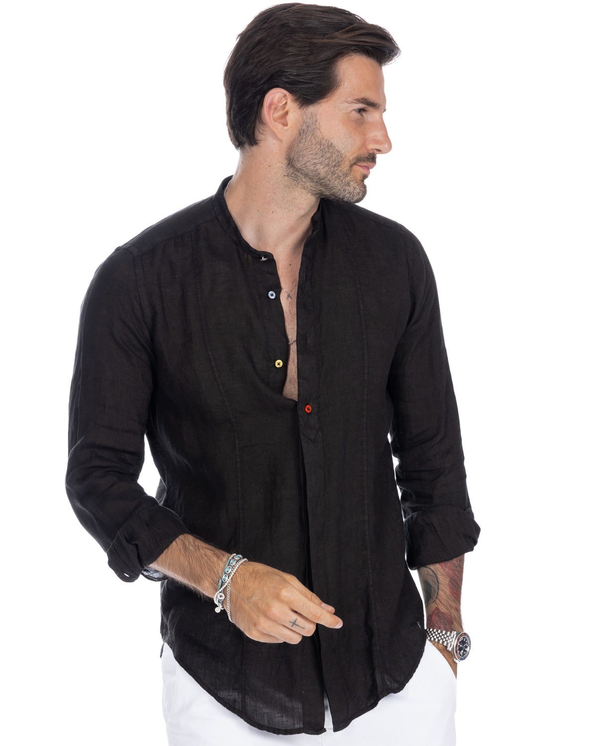 Cannes - henley shirt in pure black linen