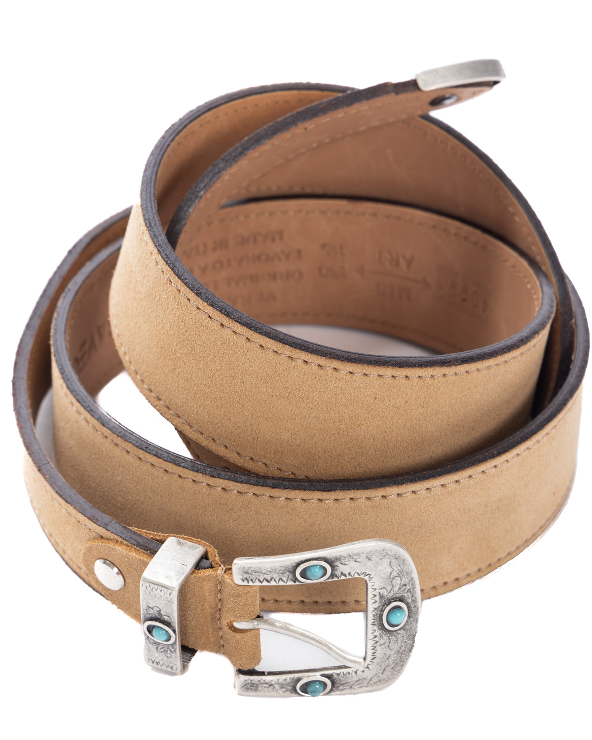 Tan suede leather belt with silver-toned buckle featuring turquoise stone inlays, western style, coiled view
