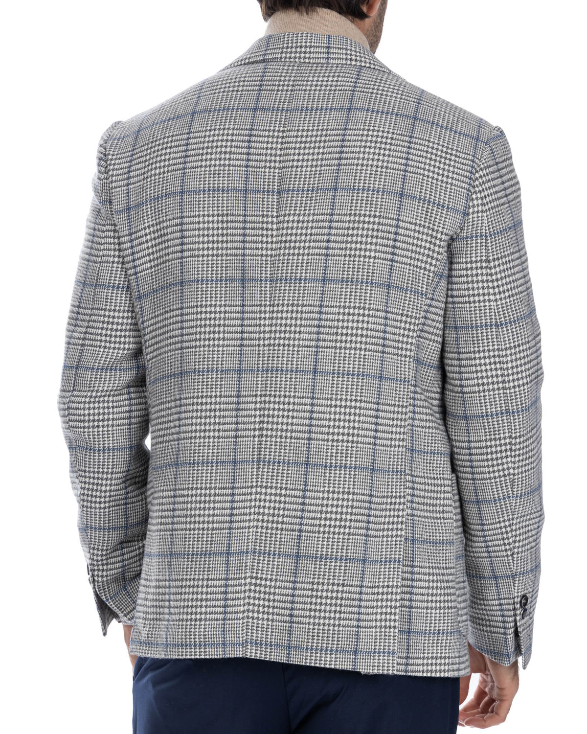 Men's grey plaid blazer with blue windowpane check, wool blend fabric, tailored fit, back view.