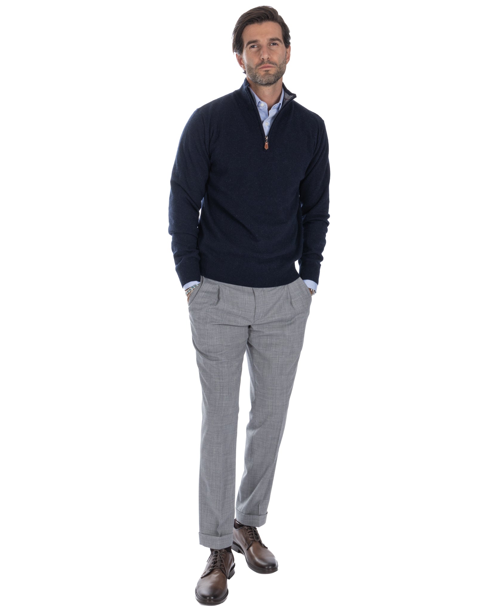 Jersey de cuello alto con cremallera Rory de mezcla de cachemira azul oscuro