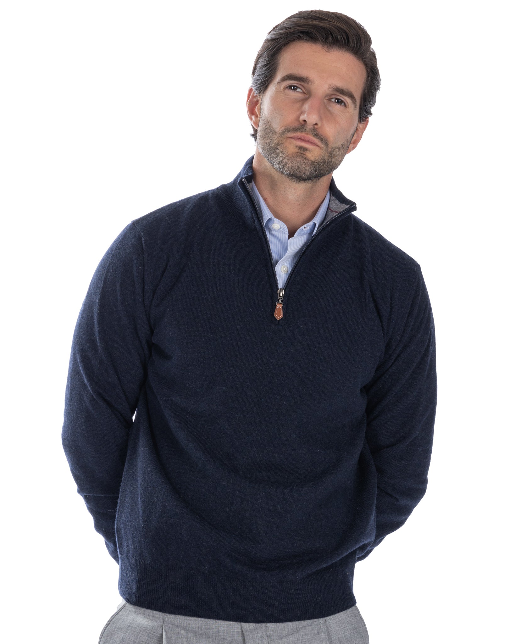 Jersey de cuello alto con cremallera Rory de mezcla de cachemira azul oscuro