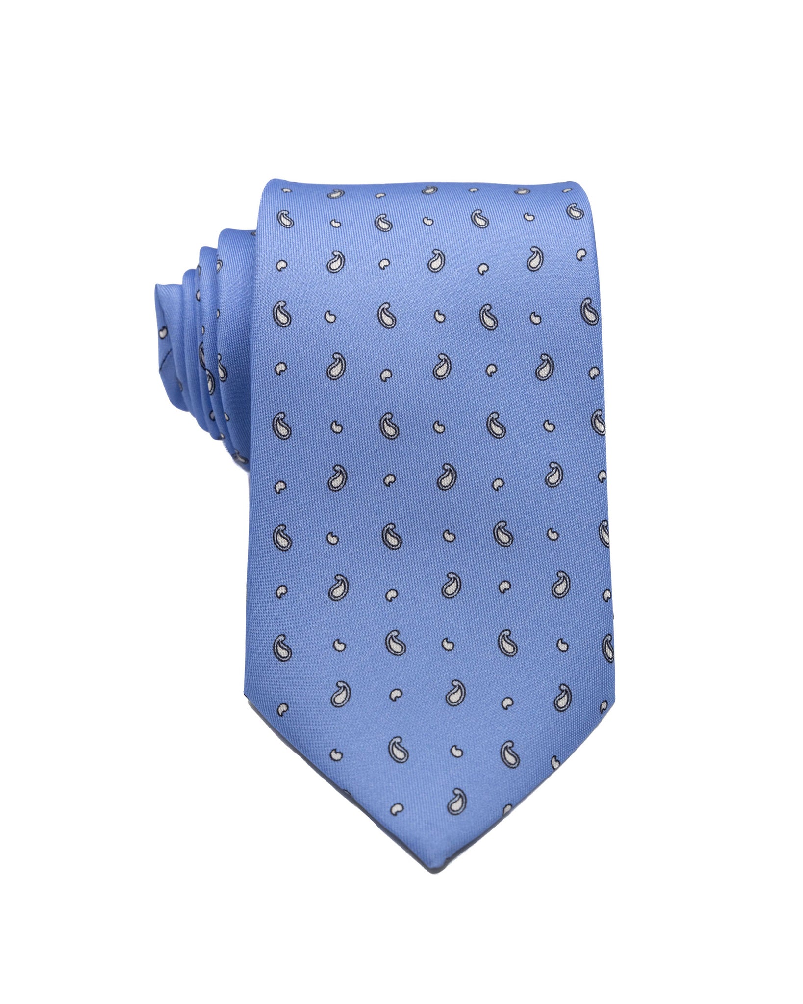 Corbata - de sarga de seda azul claro con estampado paisley blanco