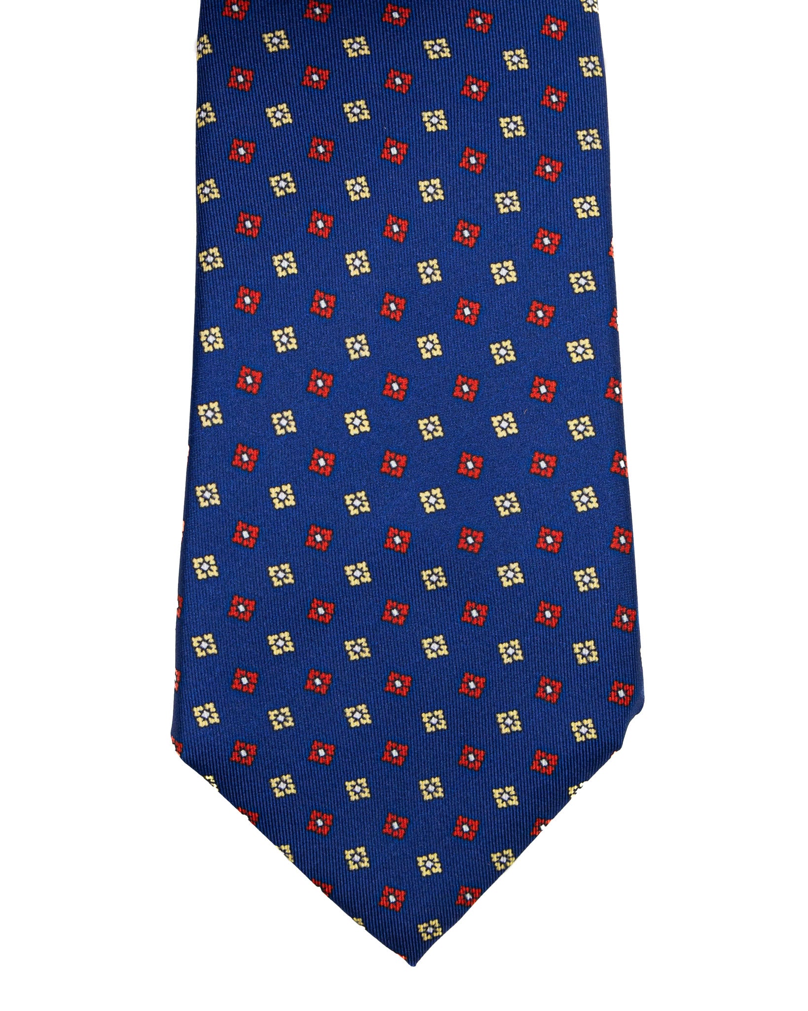 Corbata de seda de siete pliegues azul marino con estampado floral