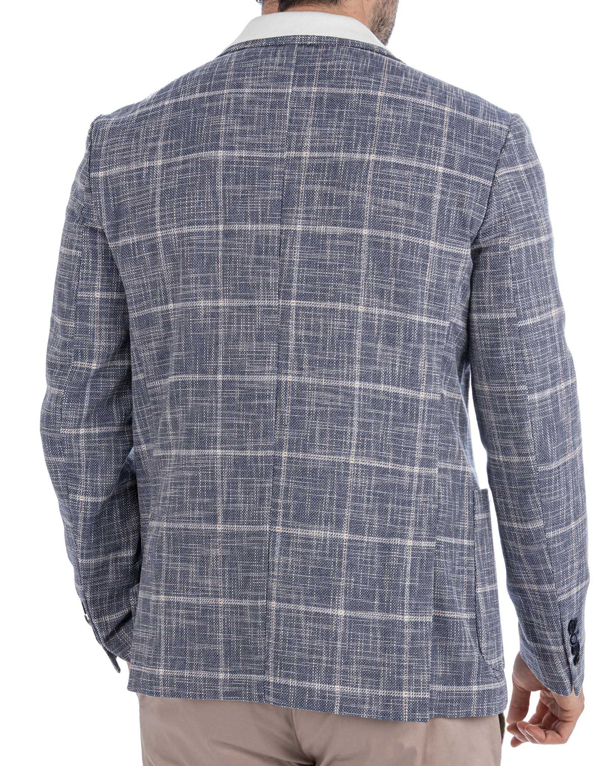 Navy blue windowpane check wool blazer, white collar lining, slim fit men's sport coat back view