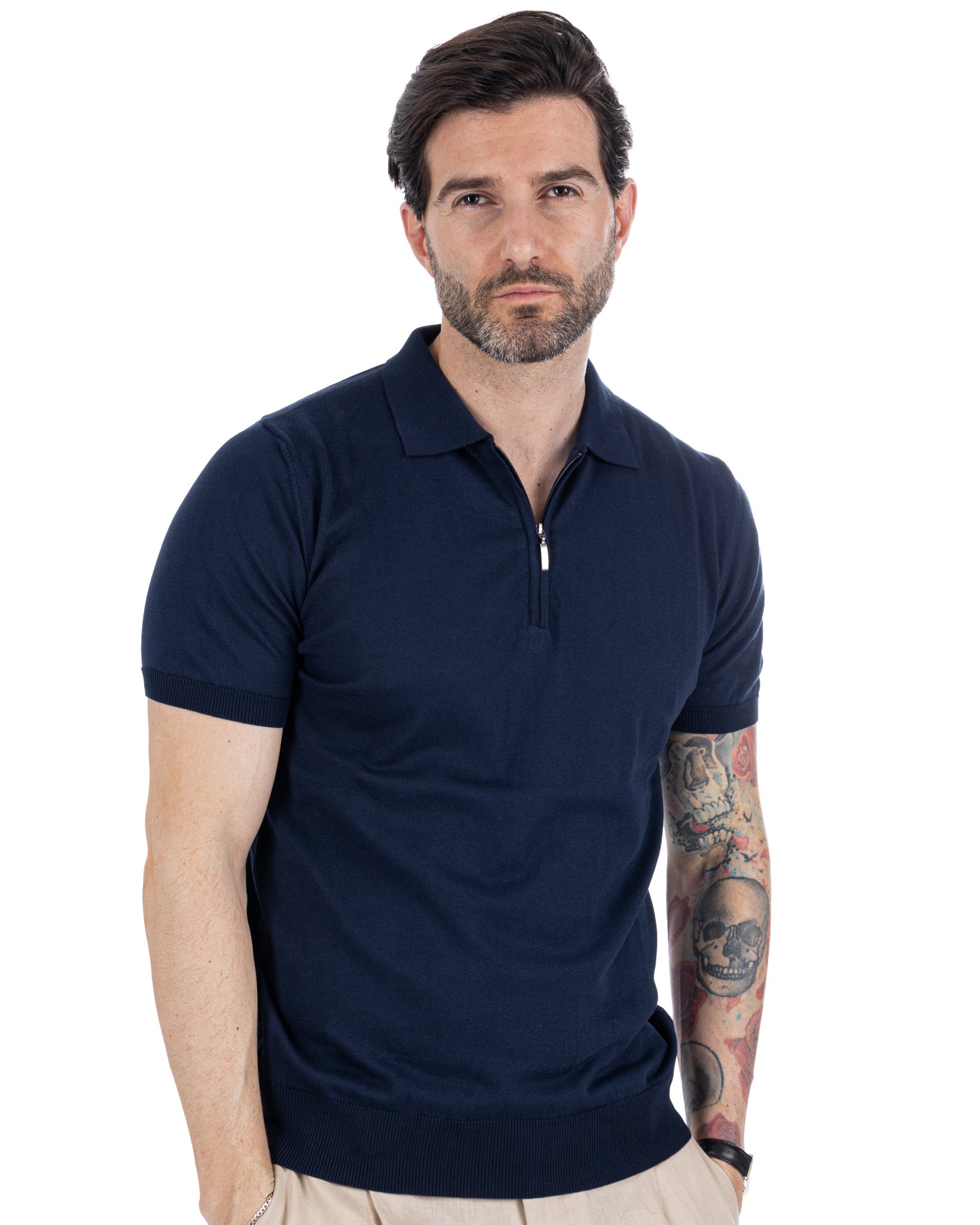 Sebastian - polo de punto azul con cremallera