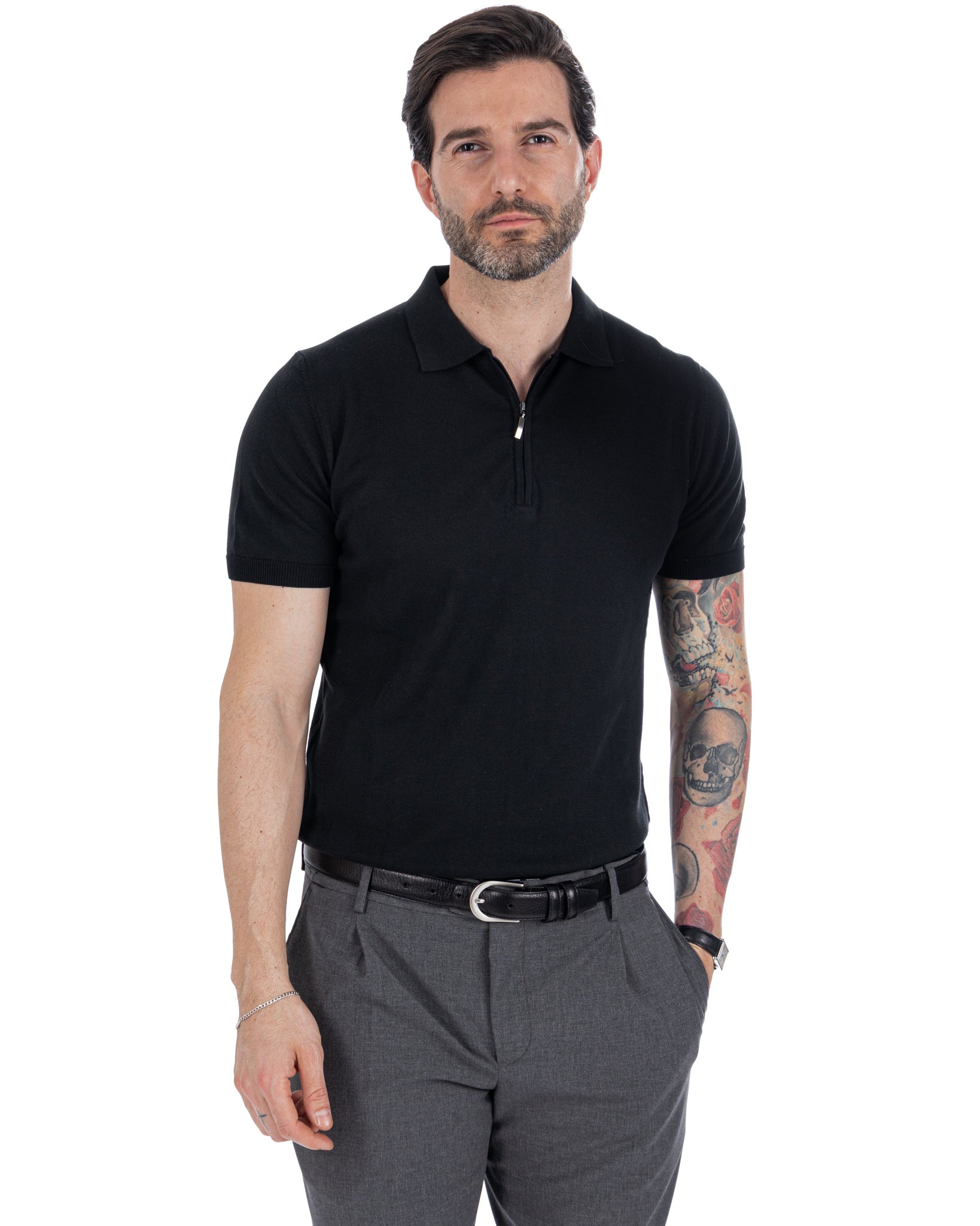 Sebastian - polo de punto negra con cremallera