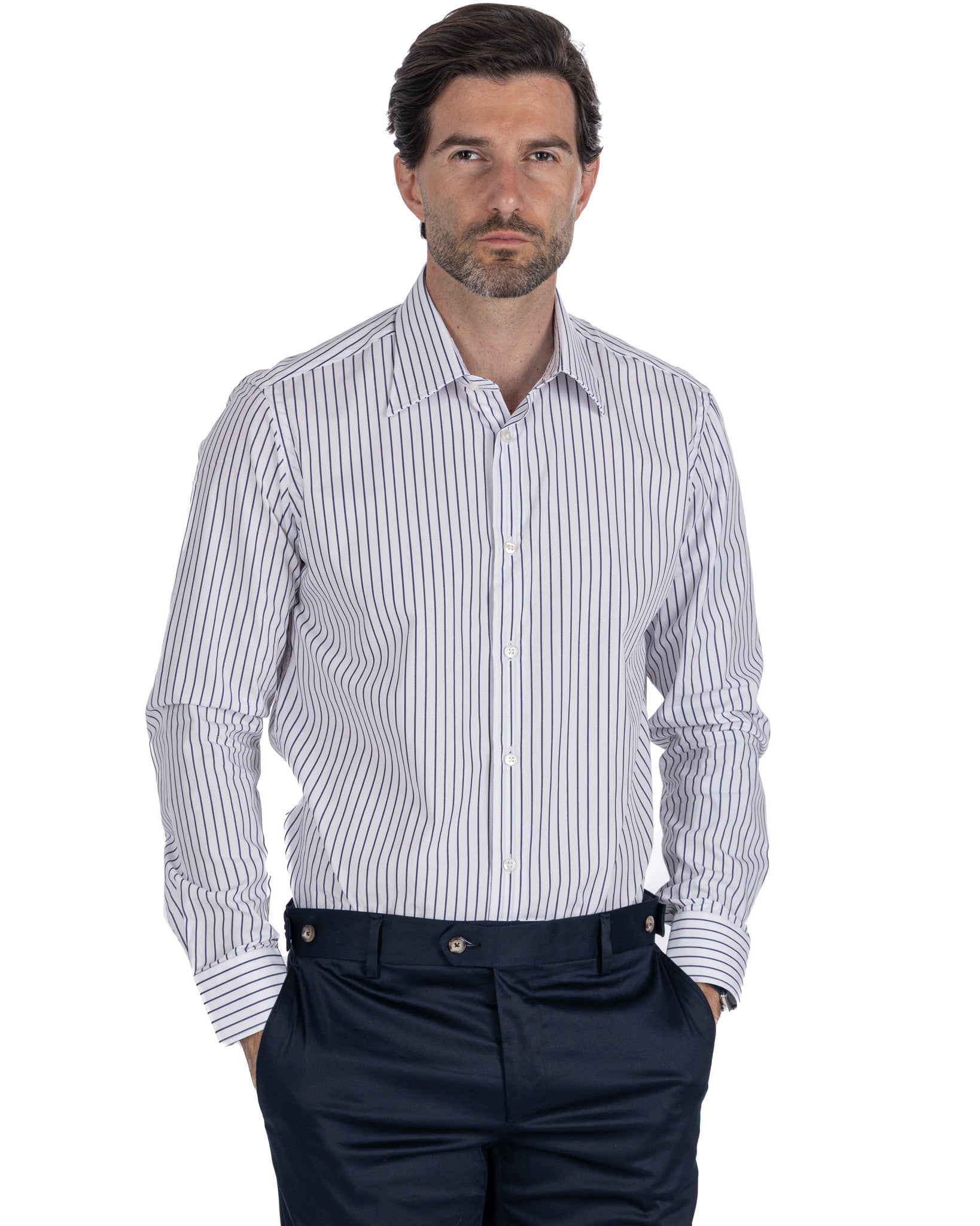 Camisa Walther de rayas azules en popelina de algodón