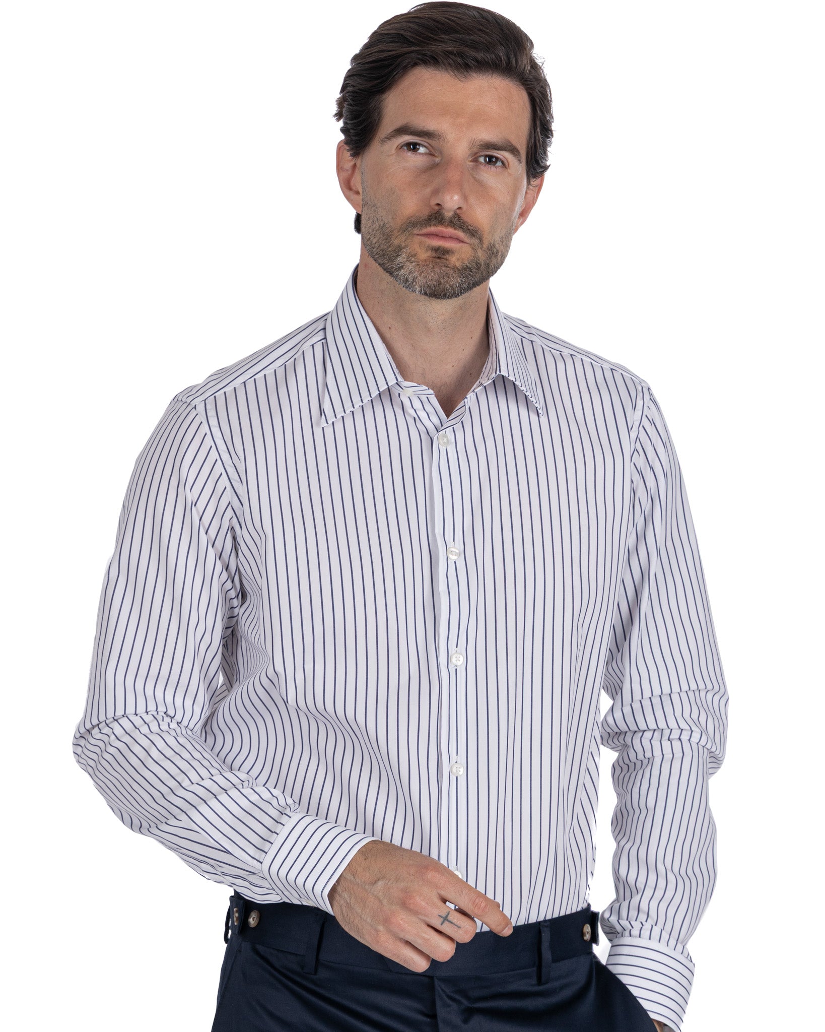 Camisa Walther de rayas azules en popelina de algodón