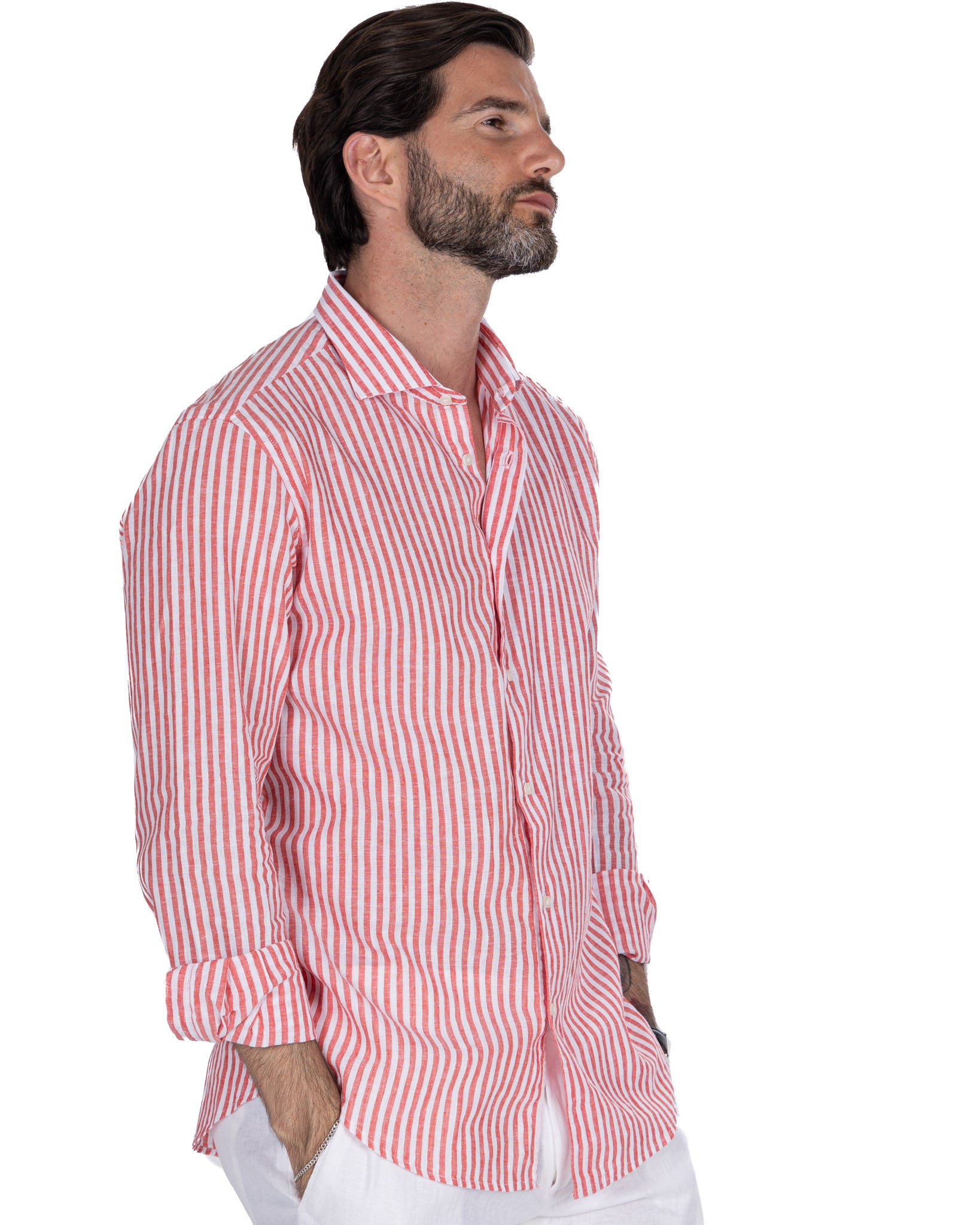 Cassis red striped linen and cotton shirt