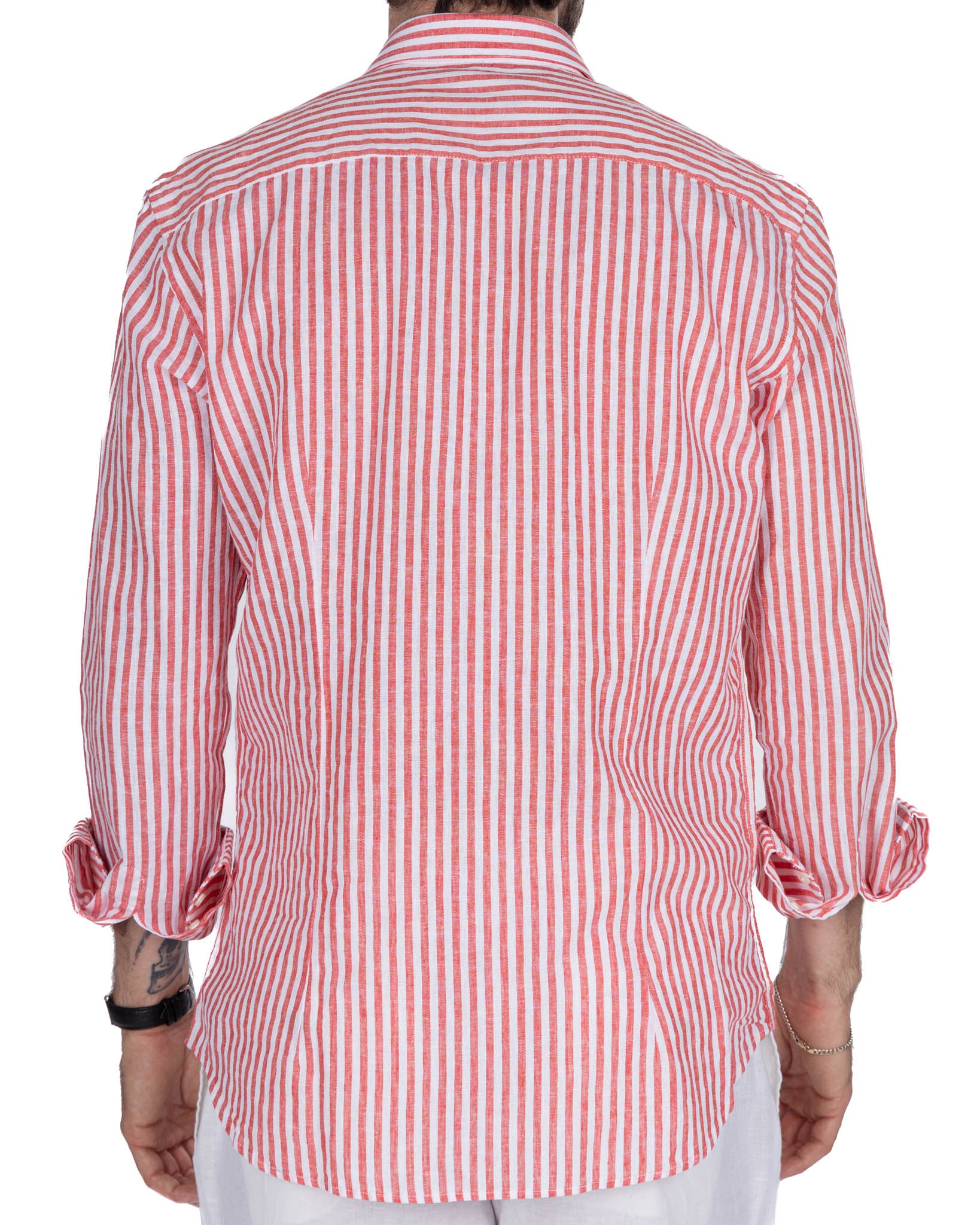 Cassis red striped linen and cotton shirt