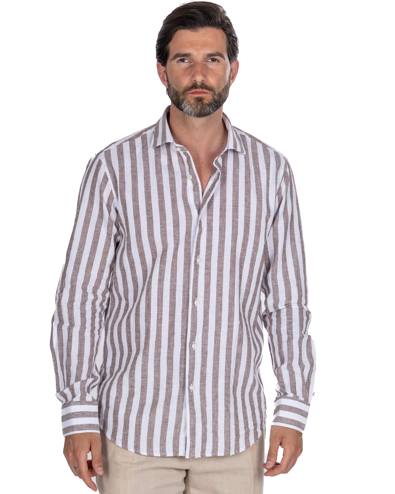 Eze shirt in linen and cotton with dark brown stripes