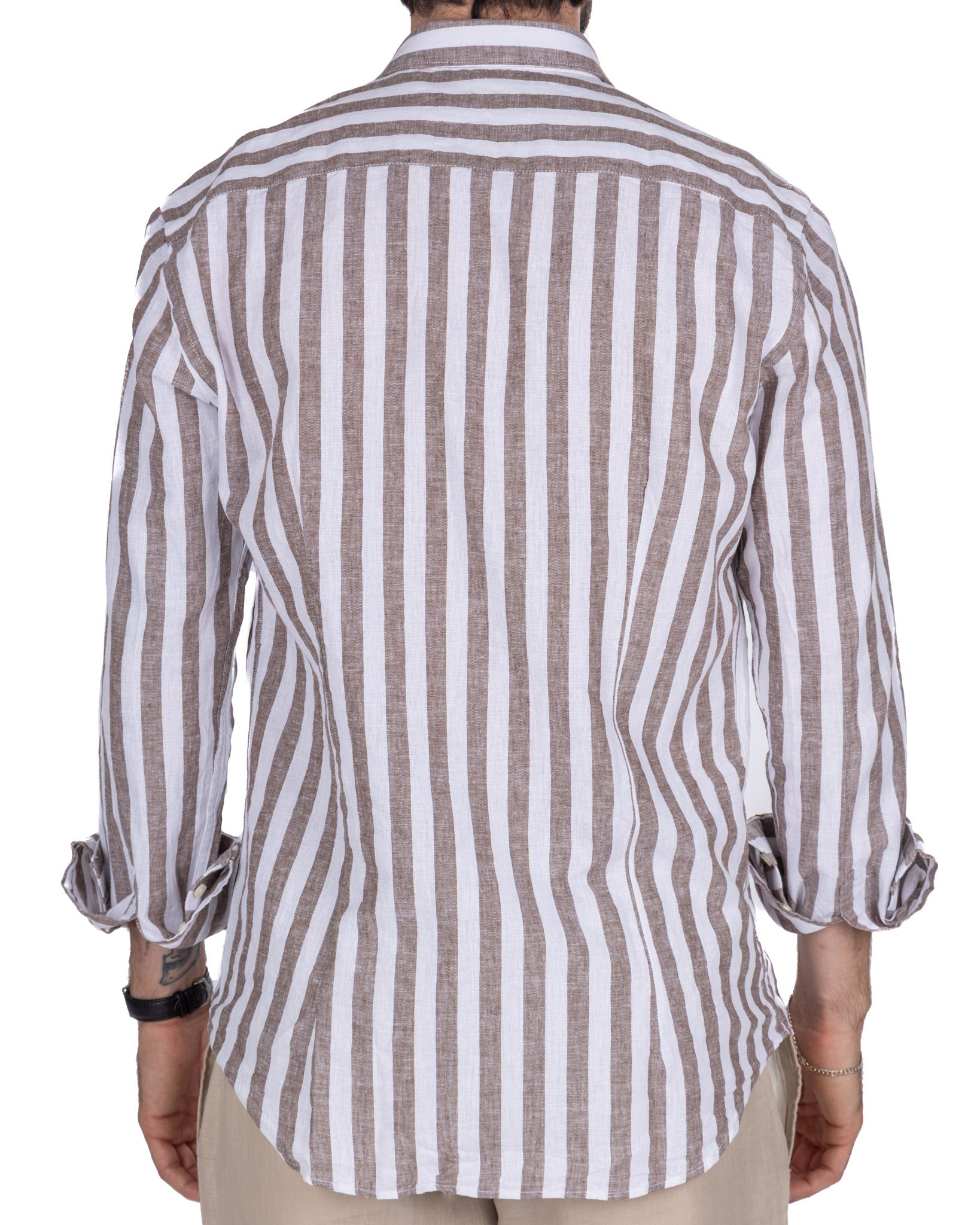 Eze shirt in linen and cotton with dark brown stripes