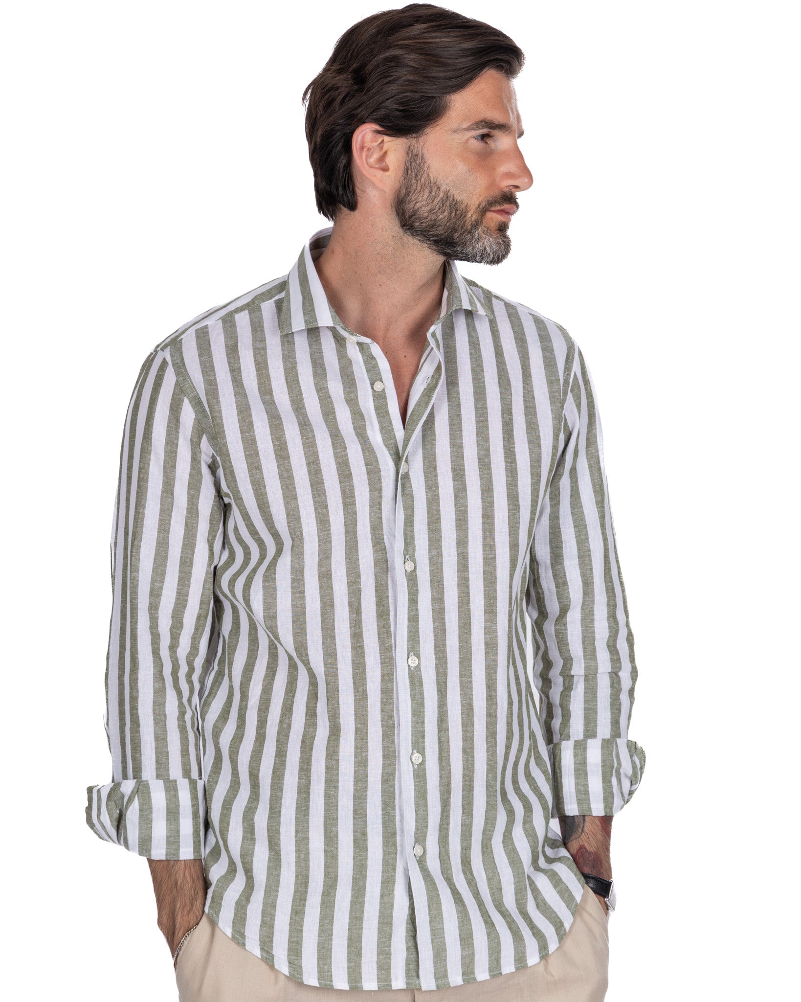 Eze military striped linen and cotton shirt
