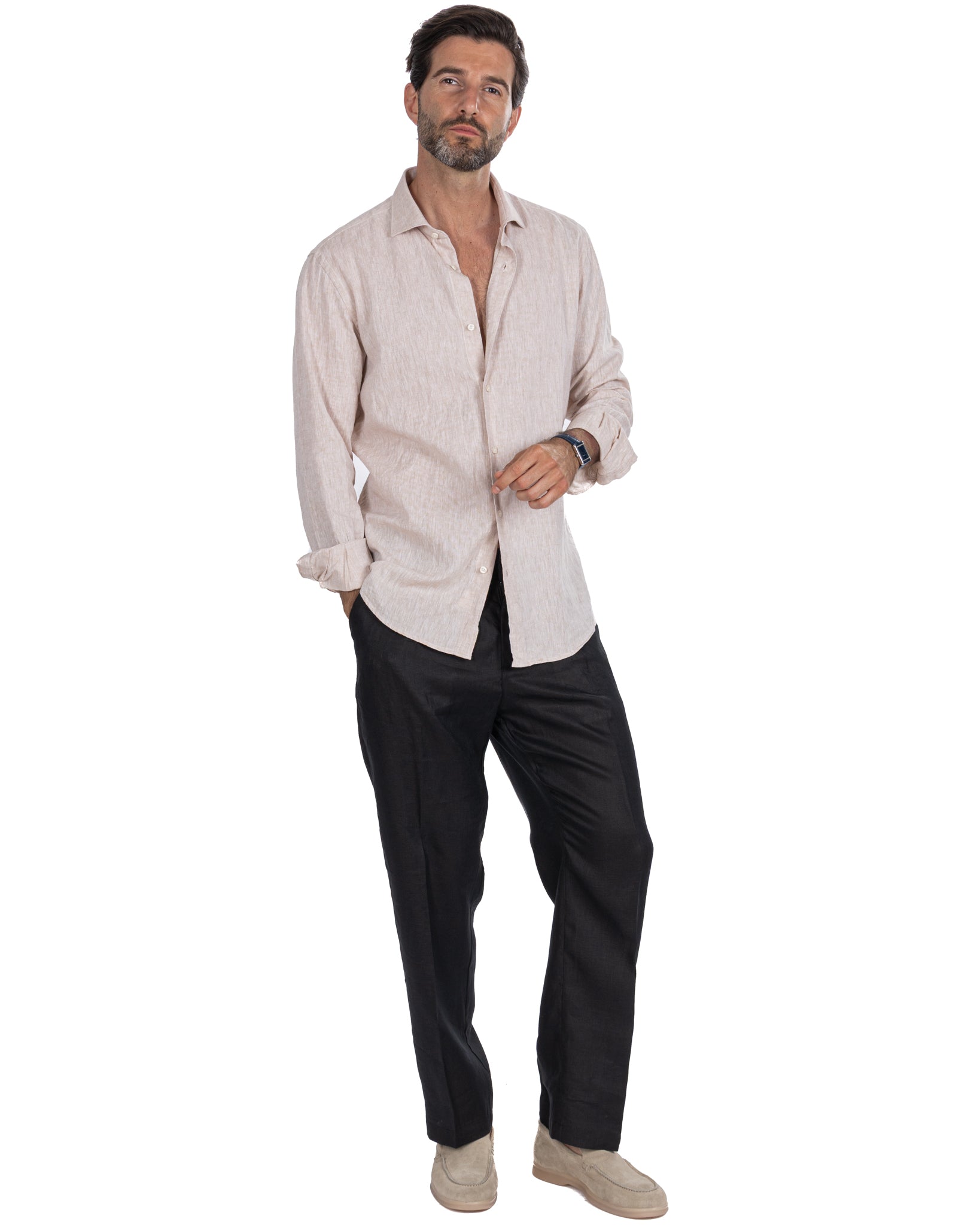 Lucas - pantalón ancho de lino puro negro con pinzas