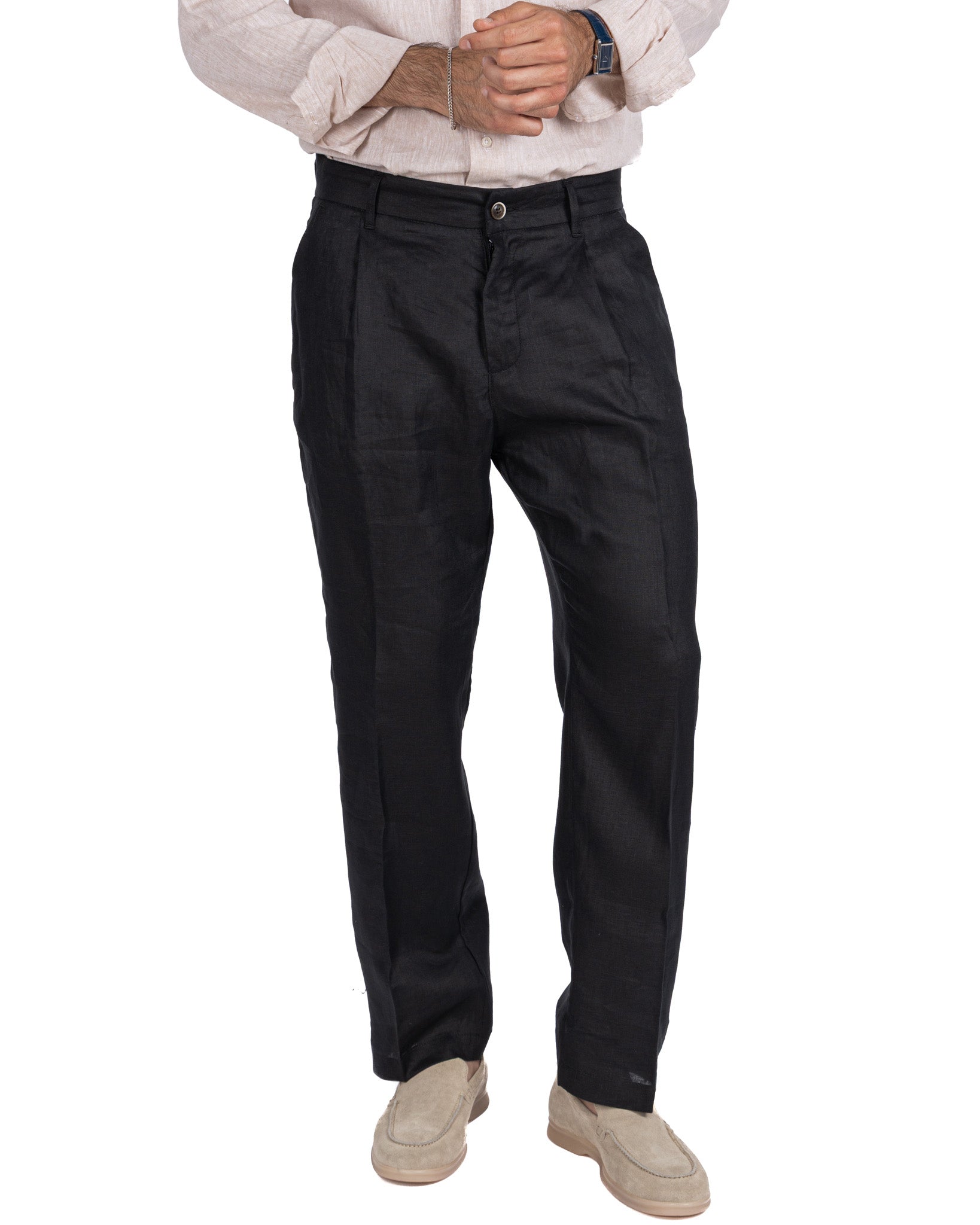 Lucas - pantalón ancho de lino puro negro con pinzas