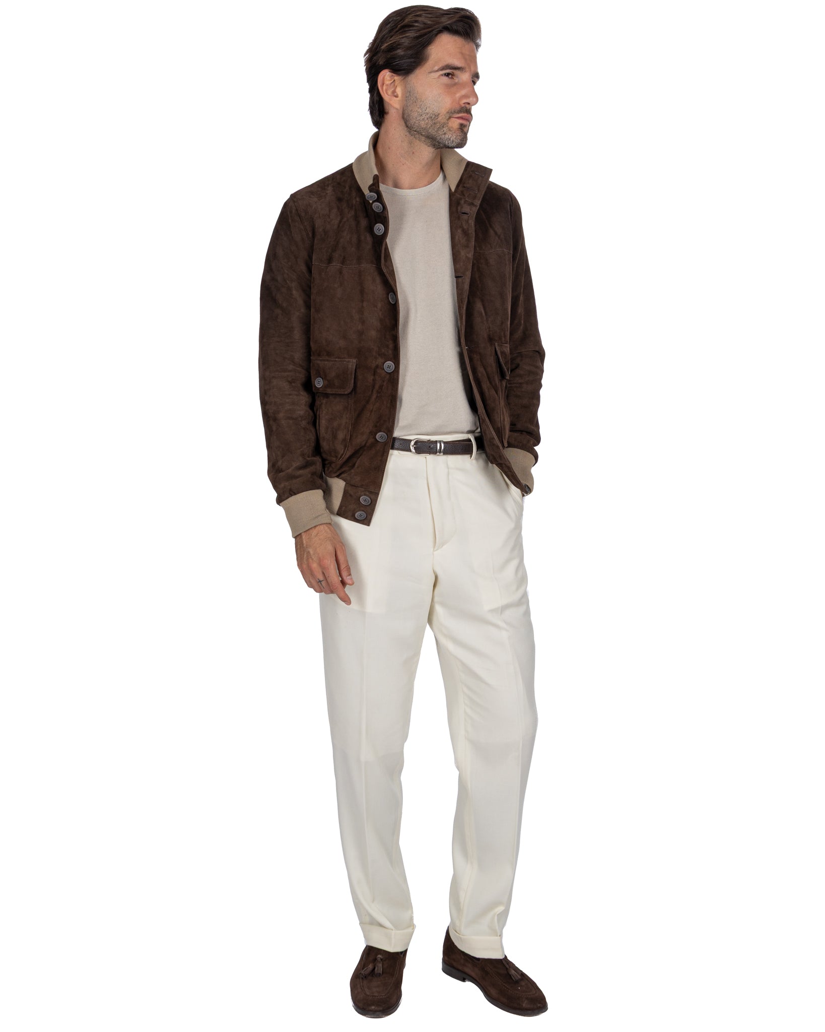 Dark Brown Suede Button Bomber Jacket