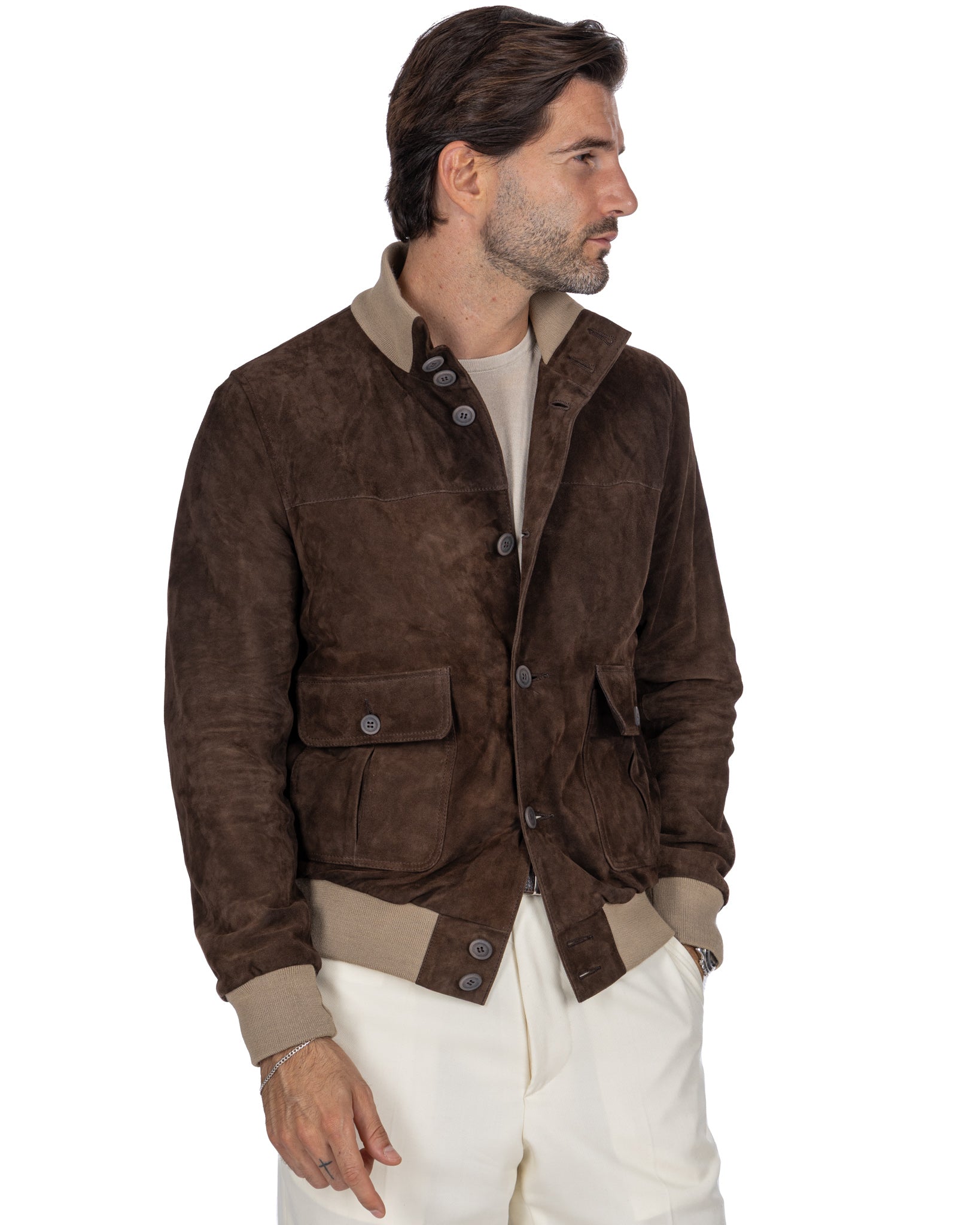 Dark Brown Suede Button Bomber Jacket