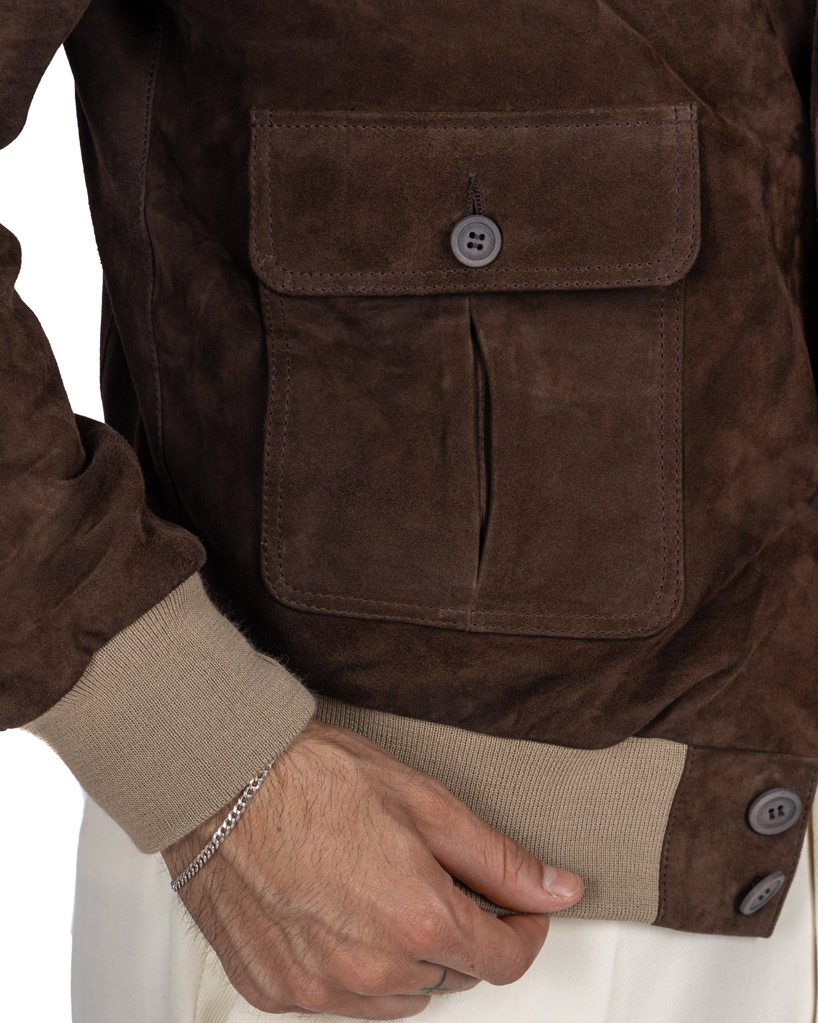 Dark Brown Suede Button Bomber Jacket
