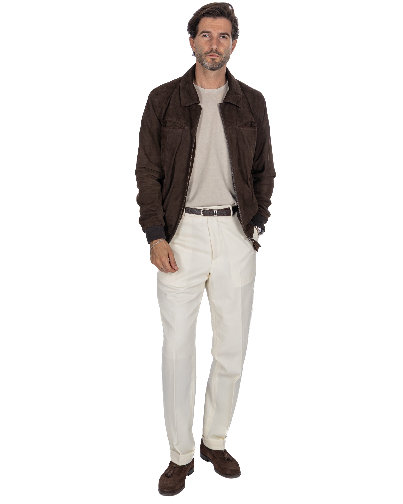 Chaqueta de gamuza marrón con cremallera