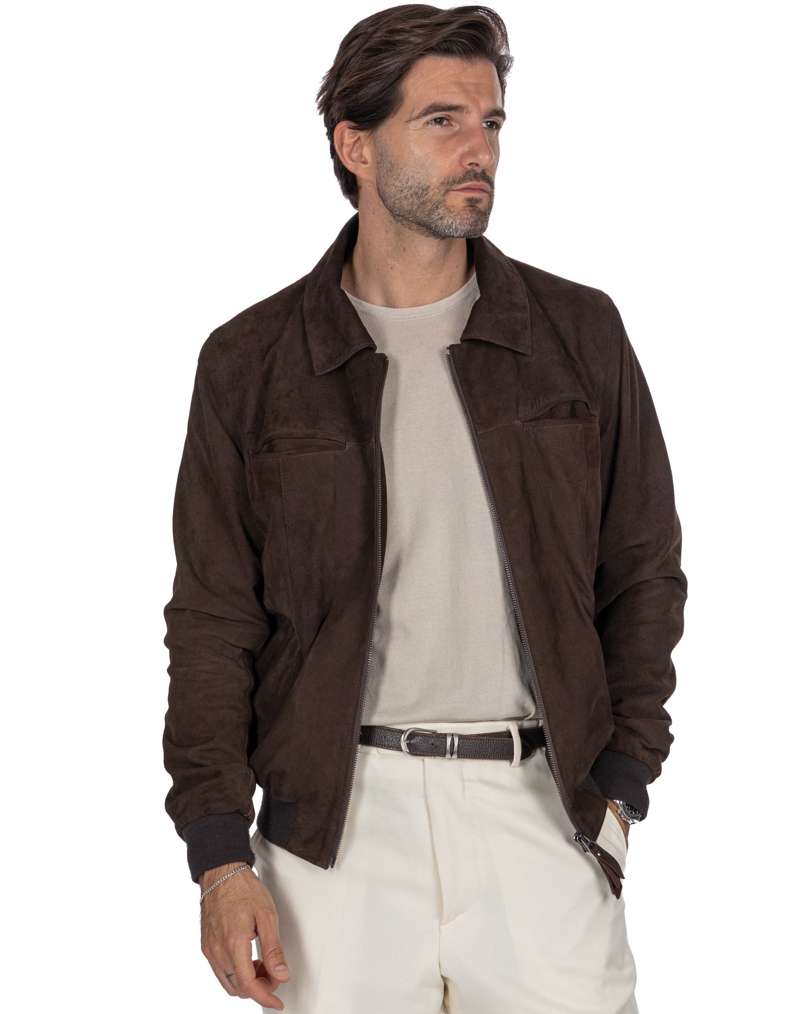 Chaqueta de gamuza marrón con cremallera