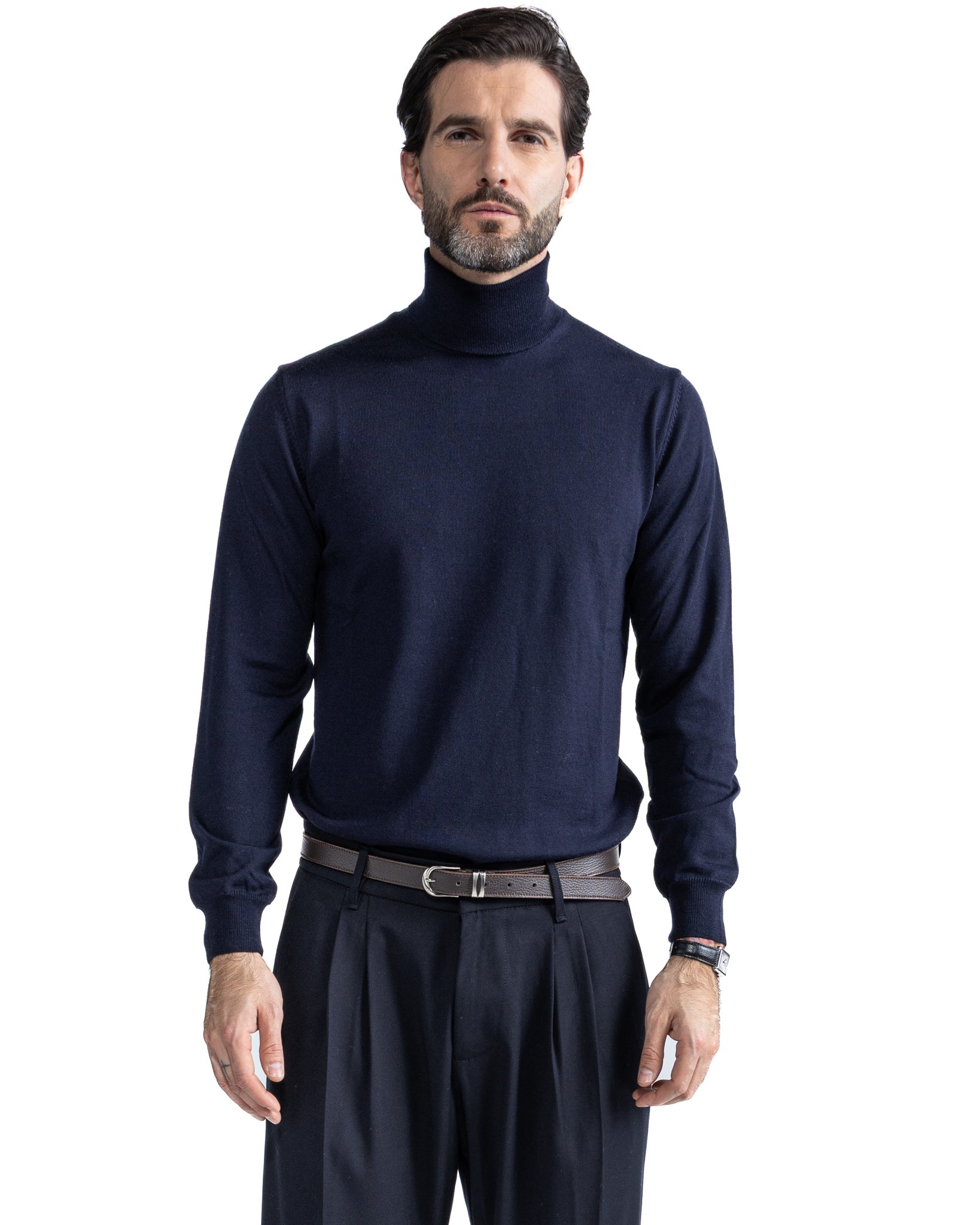 Jersey de cuello alto de lana merina Tollegno azul Vietri