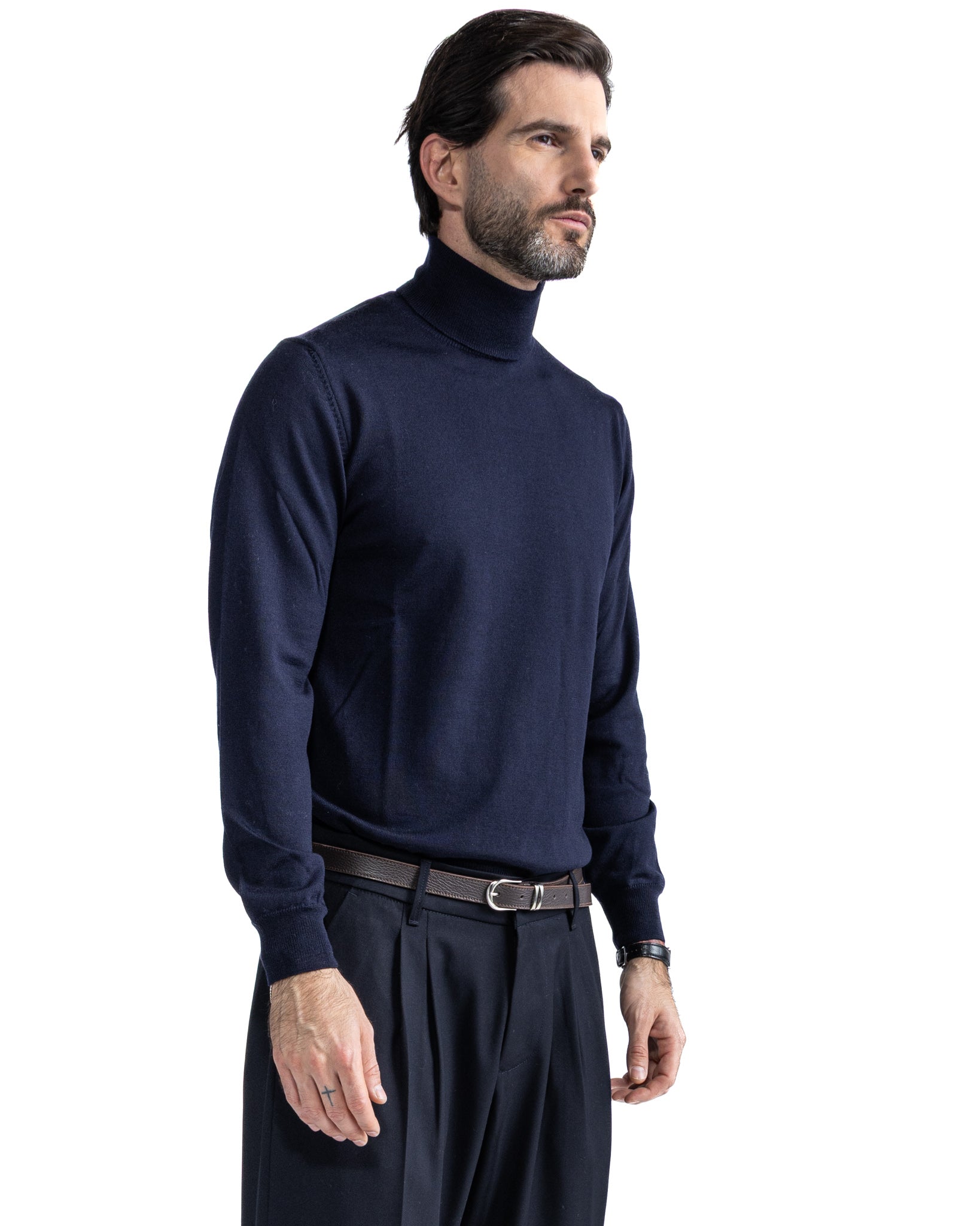 Jersey de cuello alto de lana merina Tollegno azul Vietri