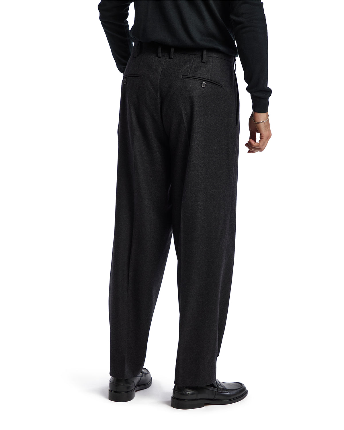 Men's charcoal gray wool dress pants, tailored fit, featuring double rear pockets and a classic style.