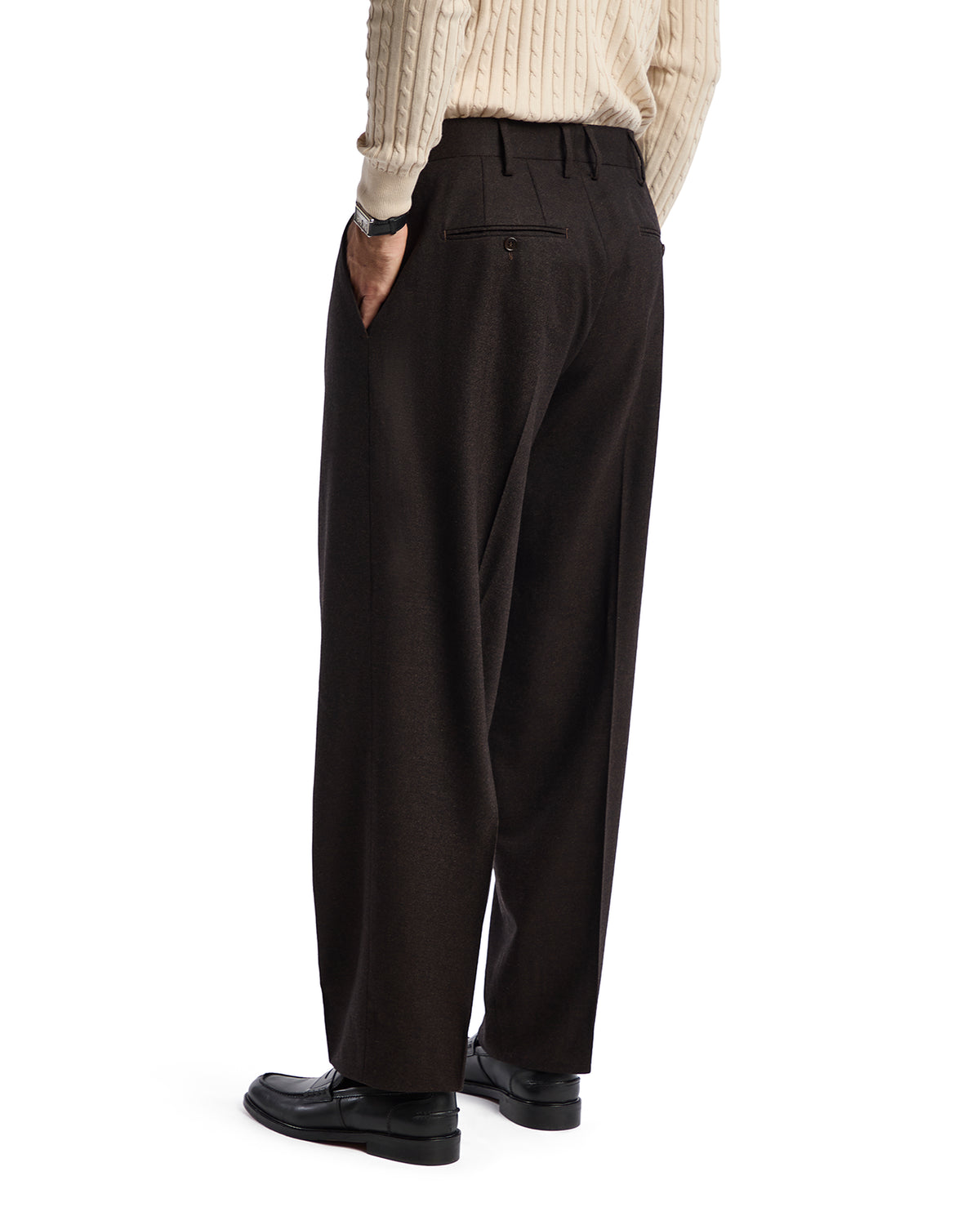 Men's dark brown wool blend wide-leg trousers with a tailored fit and classic back pockets. Perfect for sophisticated attire.
