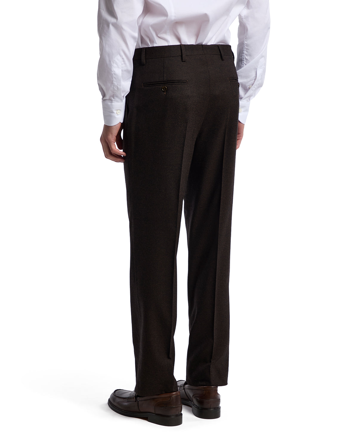 Men's brown wool dress pants with a tailored fit, featuring a buttoned back pocket, perfect for formal occasions.
