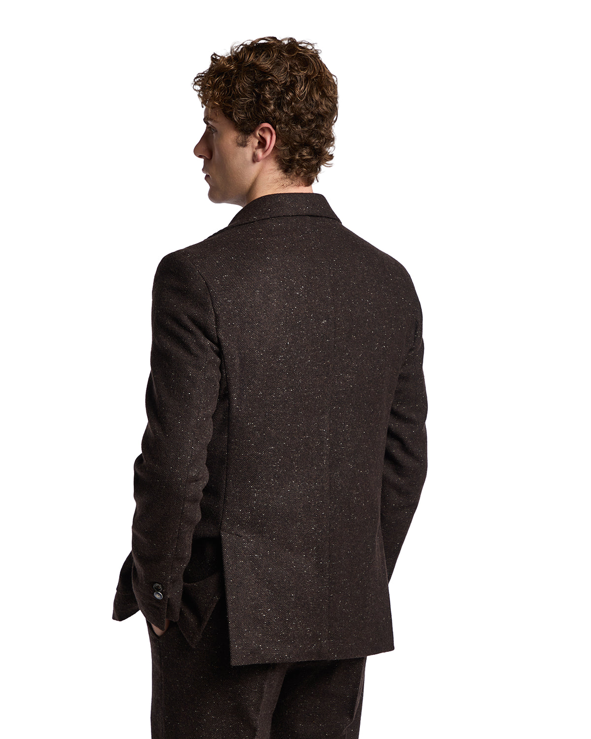 Brown speckled wool blazer for men, featuring a tailored fit and classic lapel design. Back view highlights craftsmanship.