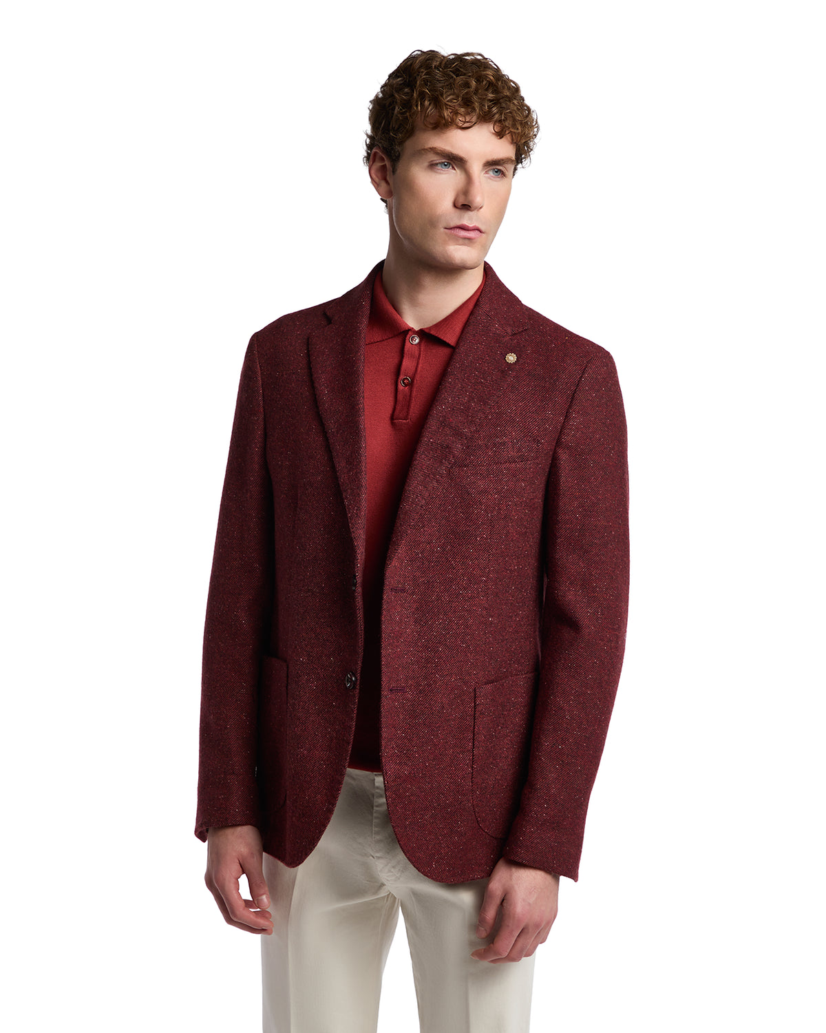 Men's burgundy wool blazer with tailored fit, paired with a red polo and cream chinos. Ideal for smart-casual occasions.