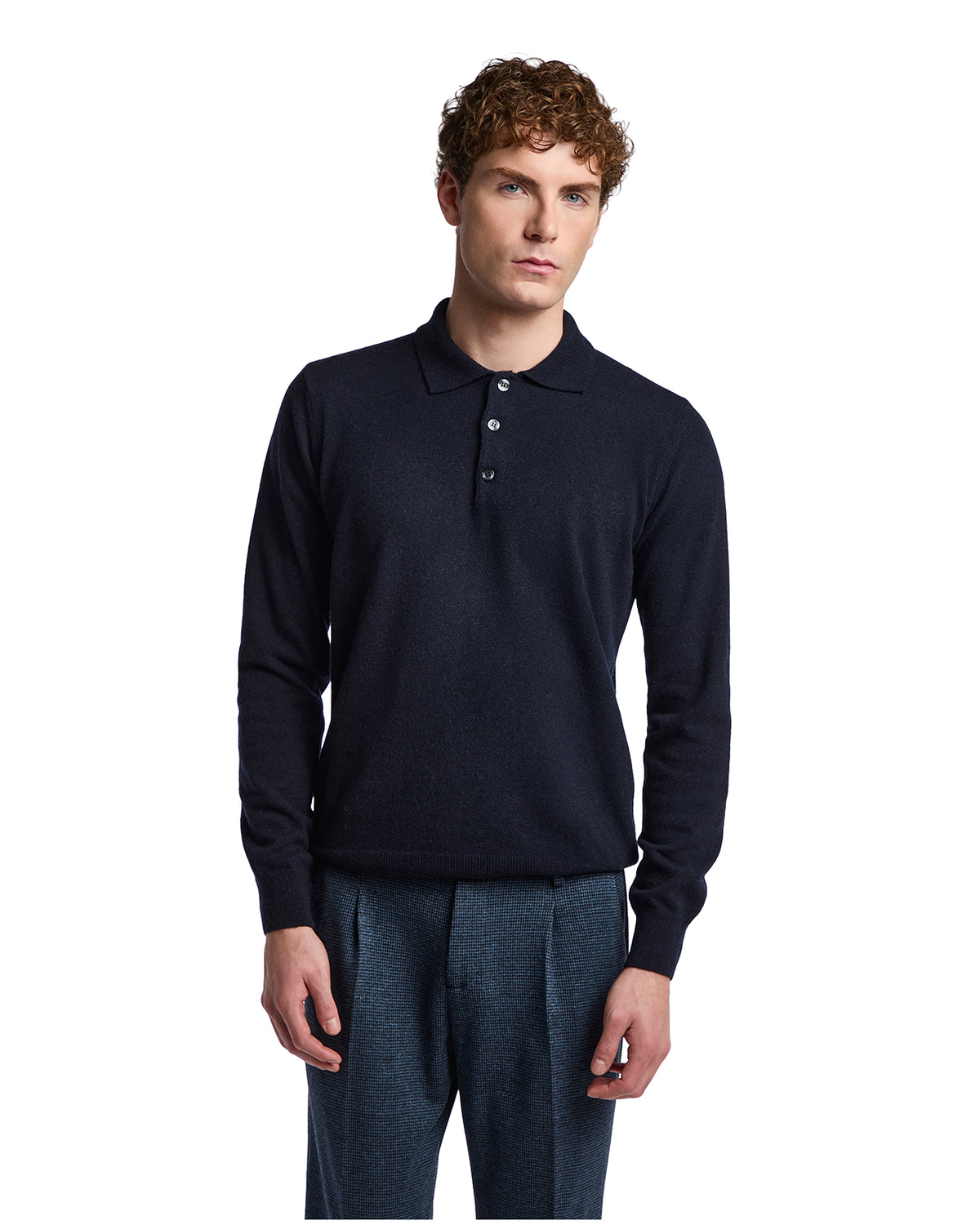 Men's navy wool blend polo sweater with a classic collar and button placket, perfect for stylish casual wear.