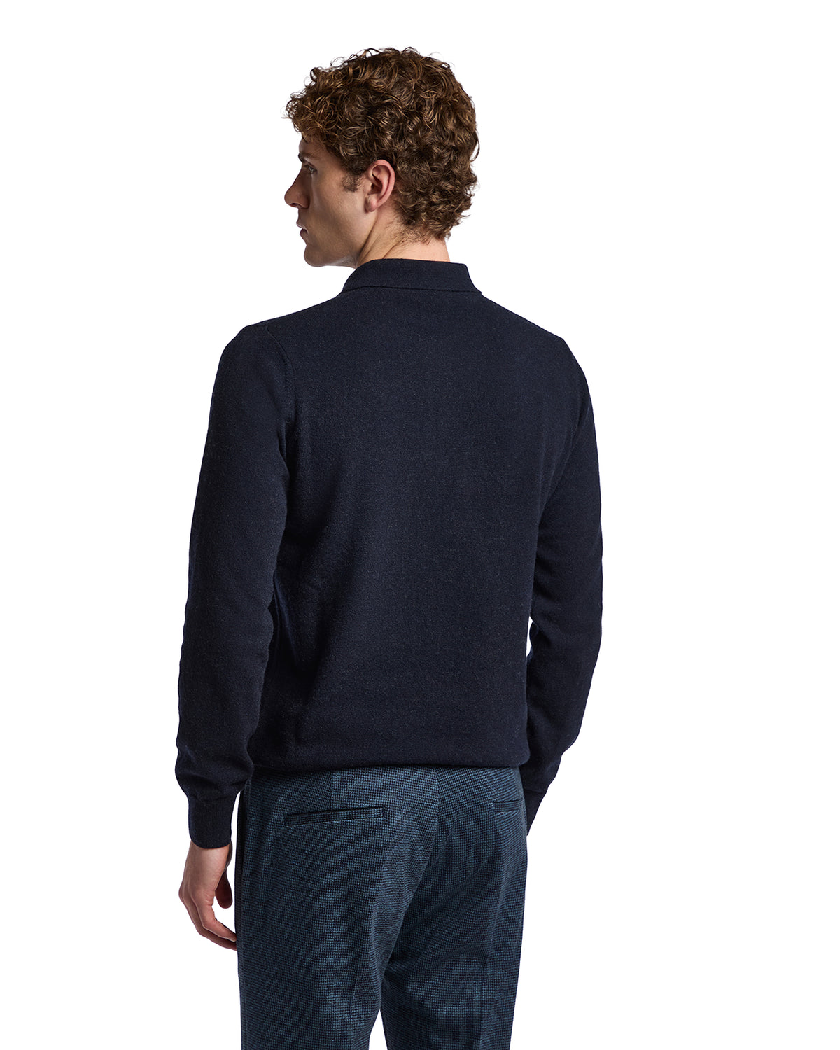 Men's navy wool sweater with a classic crew neck and long sleeves, perfect for casual and formal occasions.