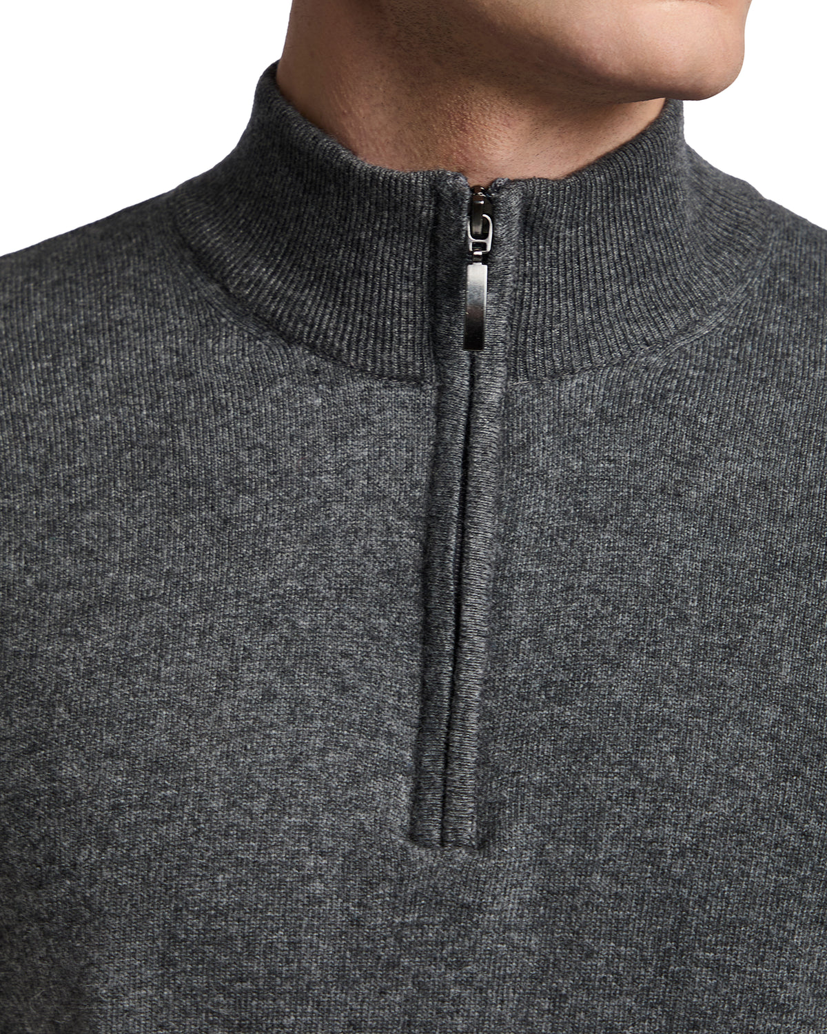Men's gray zip-up sweater in soft knit with high collar, perfect for casual layering during colder months.