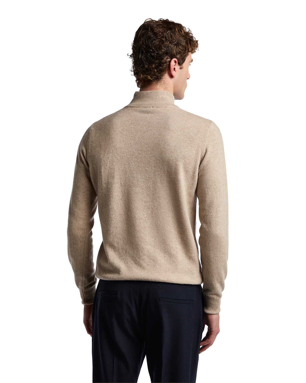 Beige cashmere pullover sweater for men, featuring a subtle texture and a sleek, modern fit.