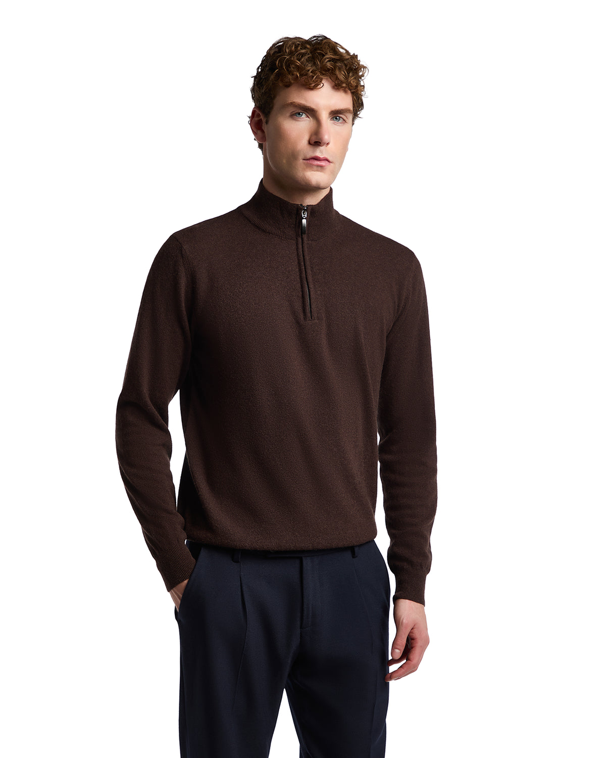 Men's brown quarter-zip sweater made from soft knit material, perfect for casual and smart-casual looks.