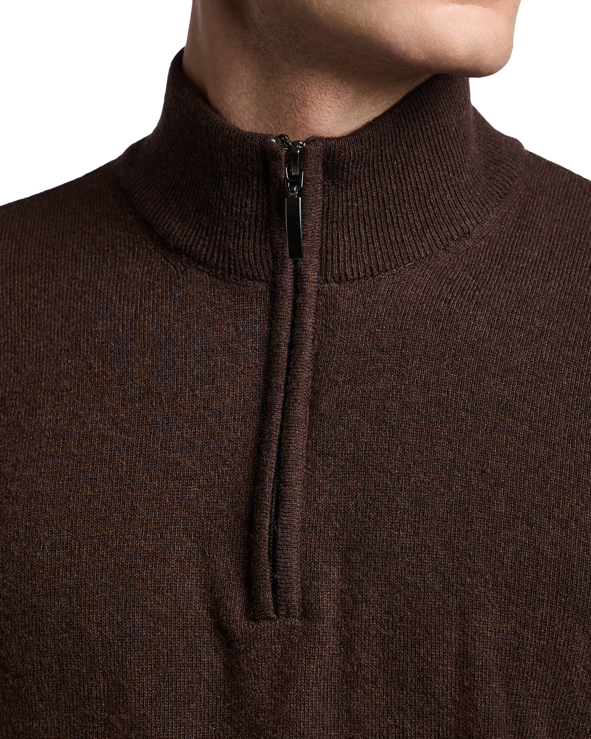 Brown half-zip sweater in soft knit fabric, featuring a stylish high collar for a modern look.