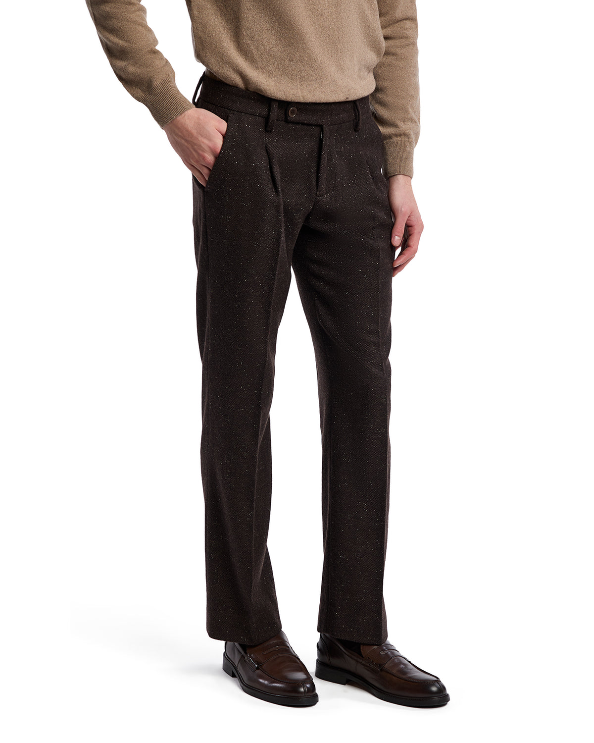 Men's brown tweed trousers with a speckled design, flat front, and side pockets, styled for a sophisticated look.
