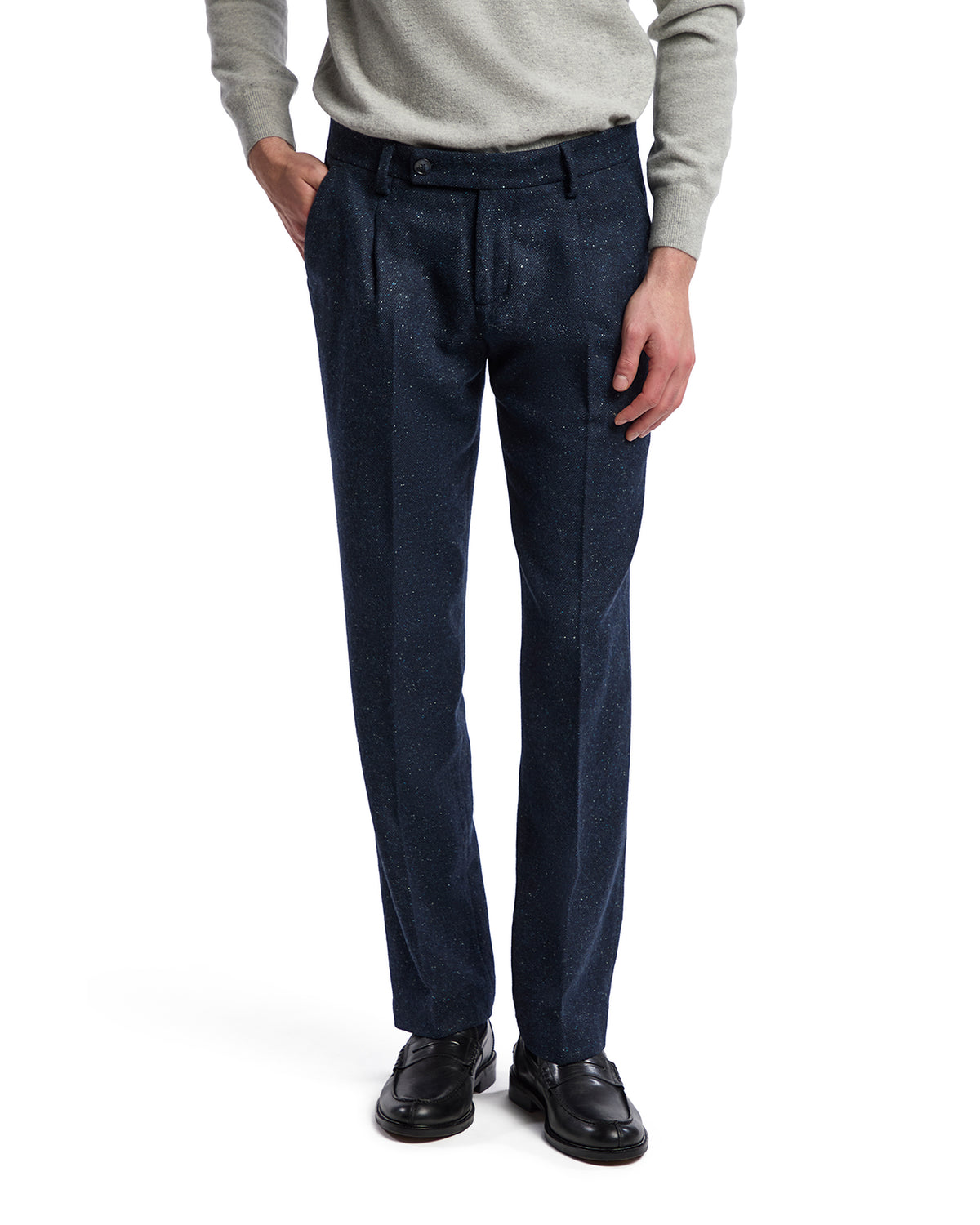Navy blue tailored trousers with subtle glitter detailing, pleated front, and a modern slim fit for men.