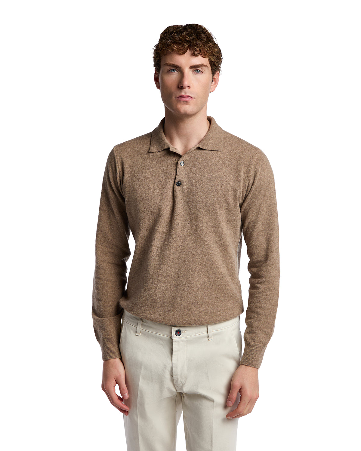 Men's tan cashmere polo sweater with three-button placket, perfect for casual or smart-casual occasions.