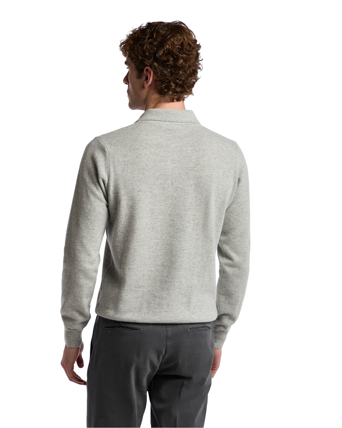 Men's light gray cashmere sweater with a classic collar, perfect for a sophisticated, casual look.