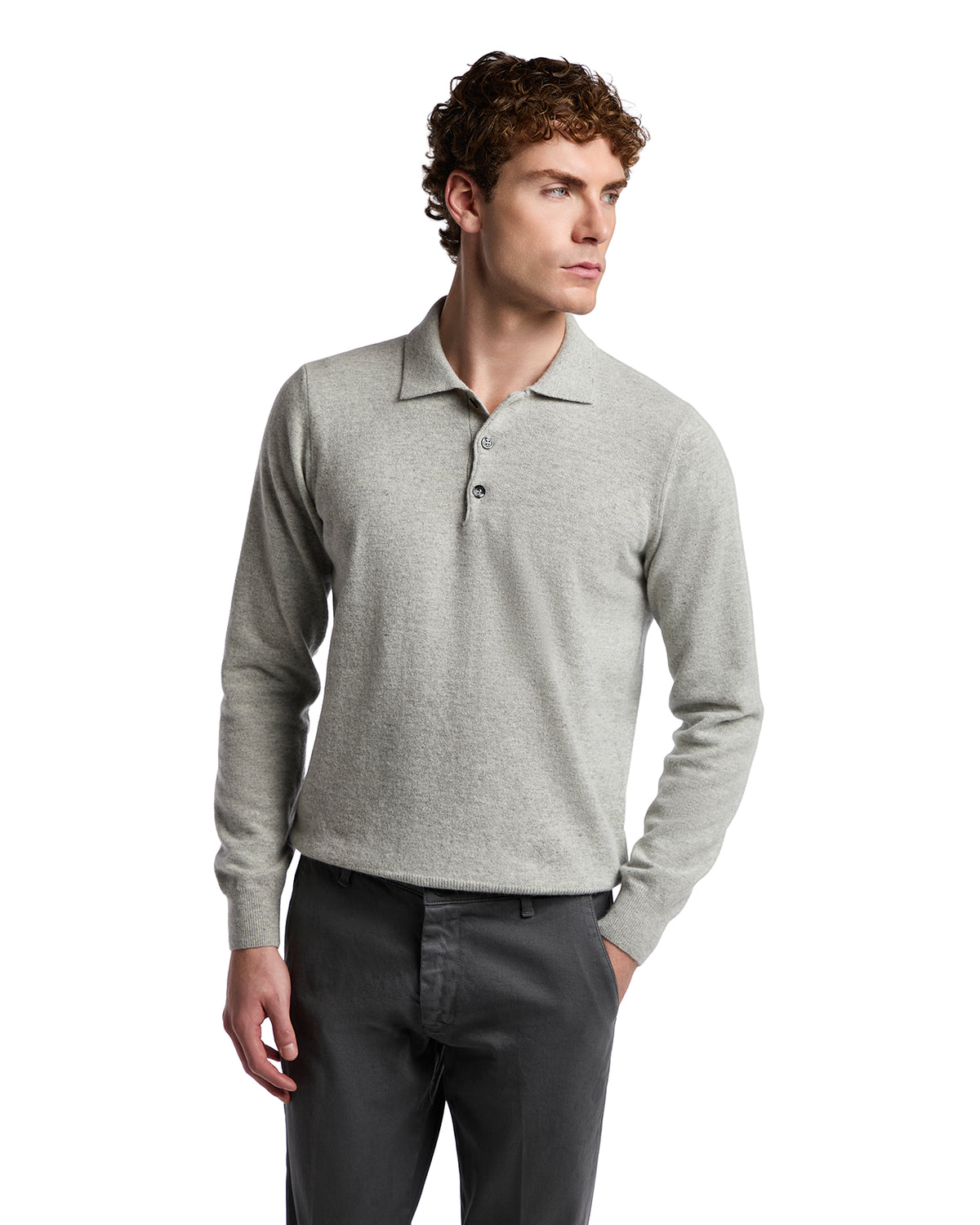 Men's light gray wool blend polo shirt with long sleeves and three-button placket, styled for casual elegance.