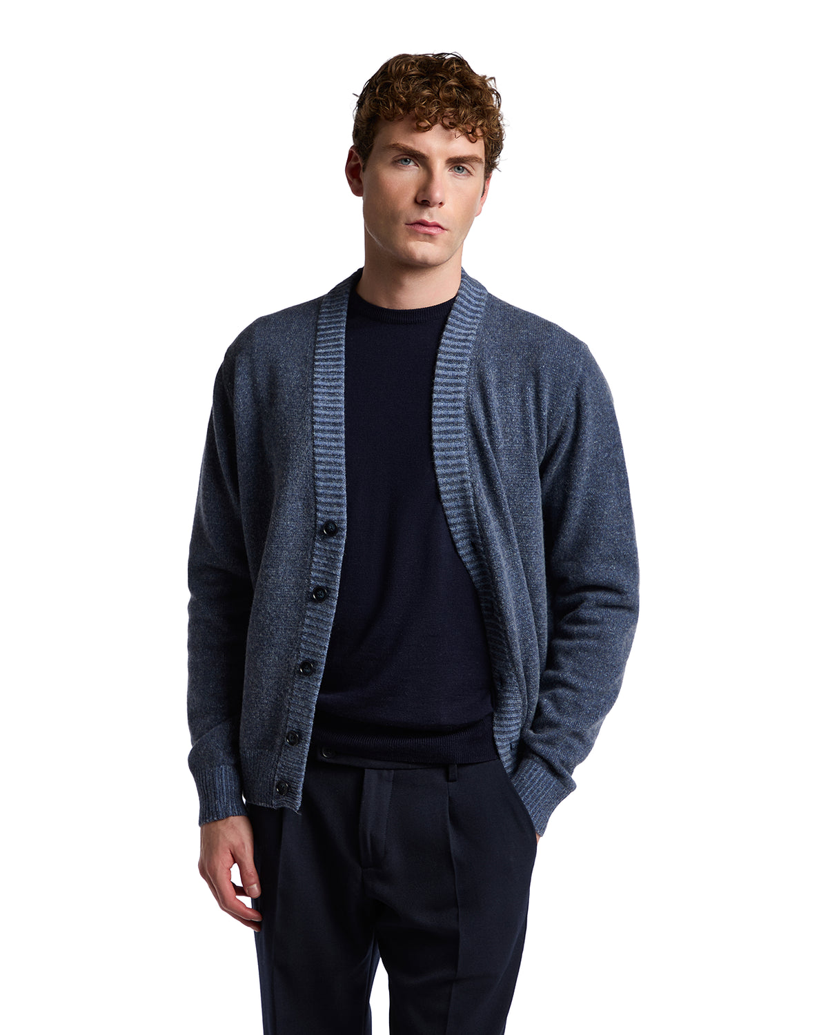 Men's dark gray wool cardigan with ribbed edges and buttons, perfect for casual or smart-casual outfits.