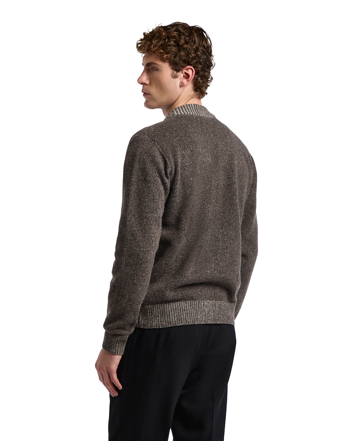 Men's brown textured sweater with ribbed collar and cuffs, perfect for casual layering in cooler weather.