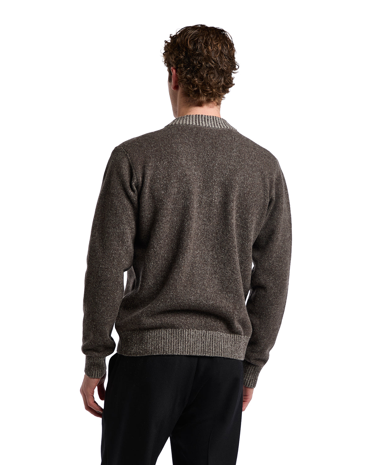 Brown knitted sweater for men with a ribbed hem, featuring a classic round neckline and back view.