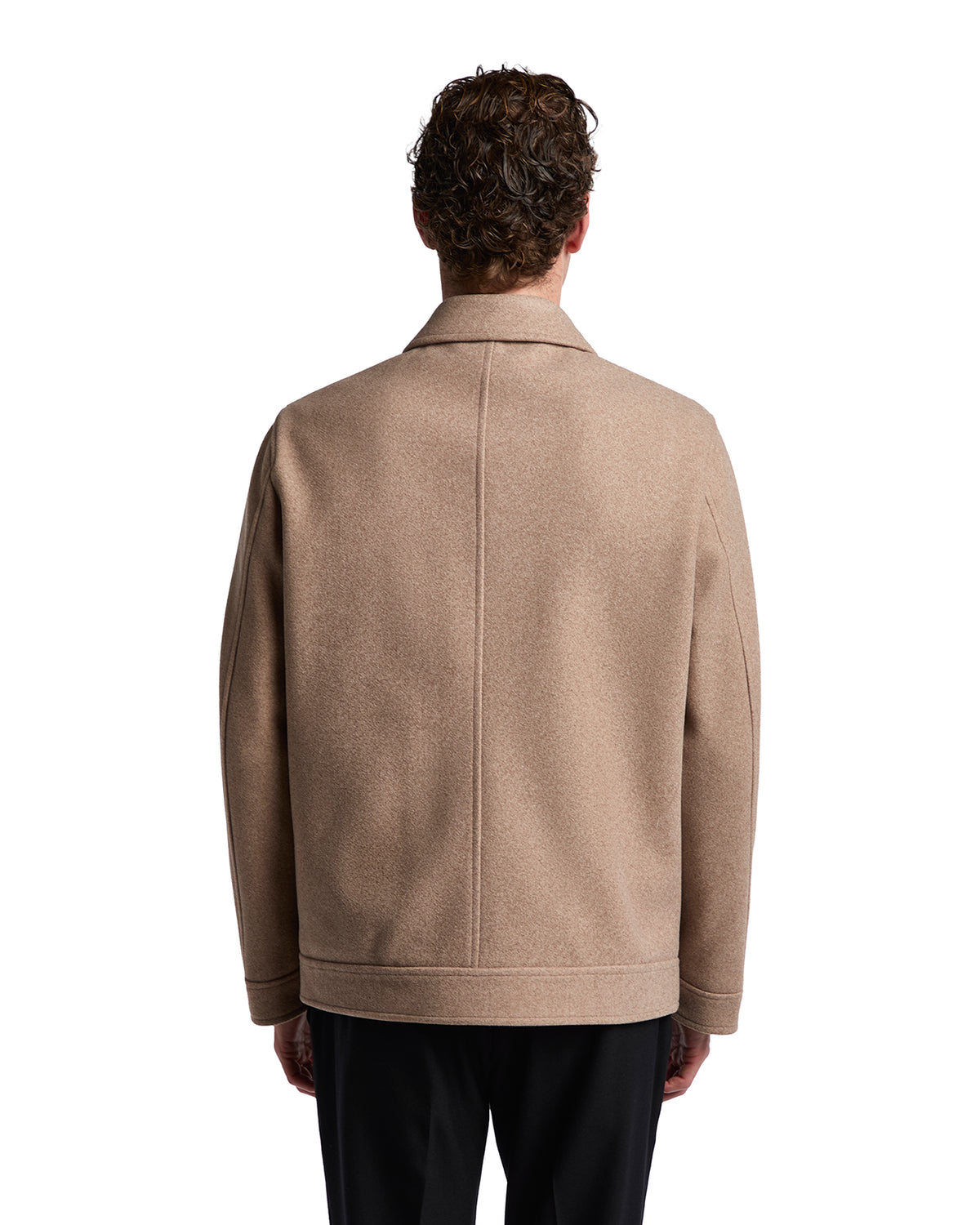 Men's beige wool blend jacket with a relaxed fit and classic collar, perfect for stylish layering.