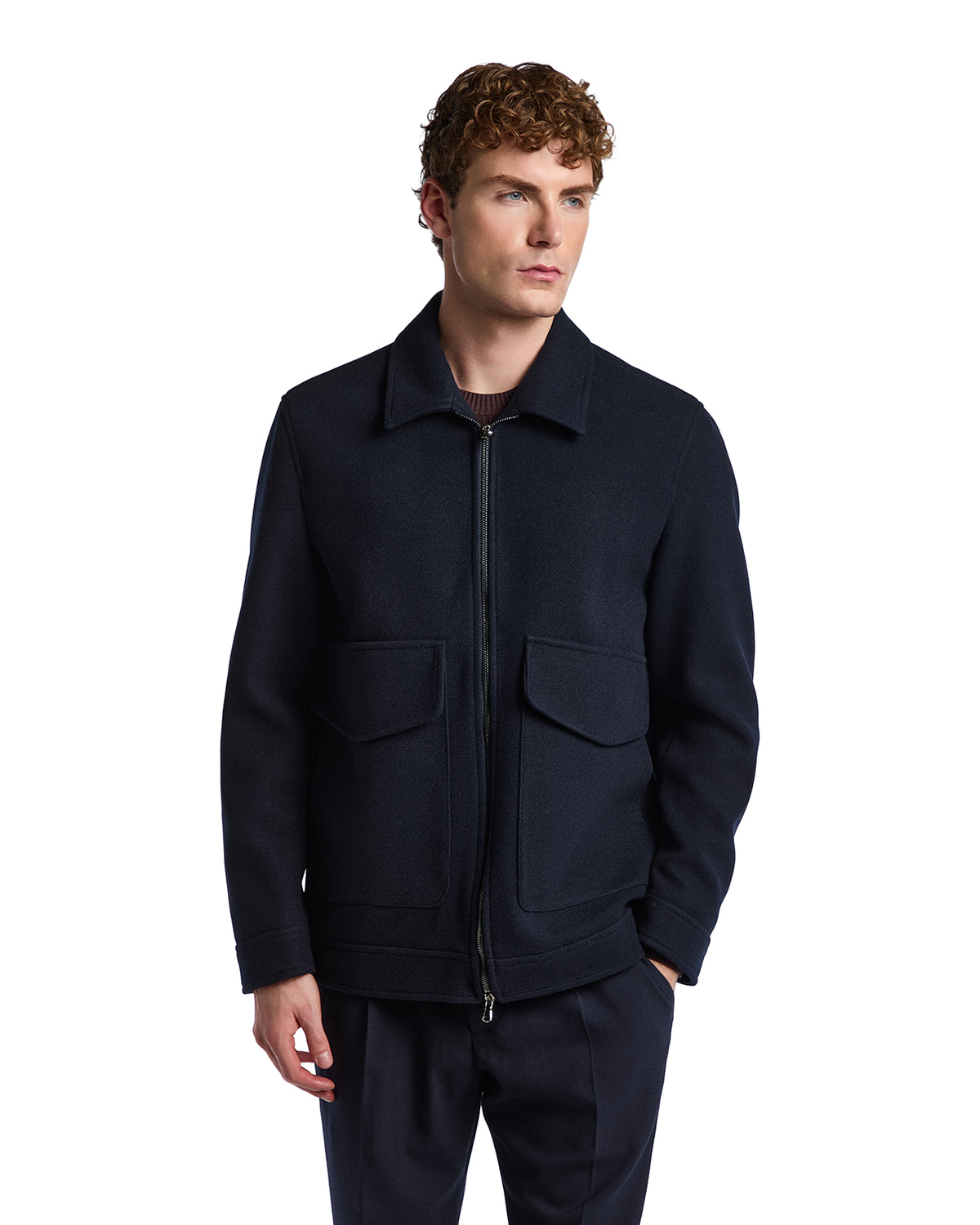 Men's navy wool jacket with two front pockets, featuring a zip closure and classic collar, perfect for stylish layering.