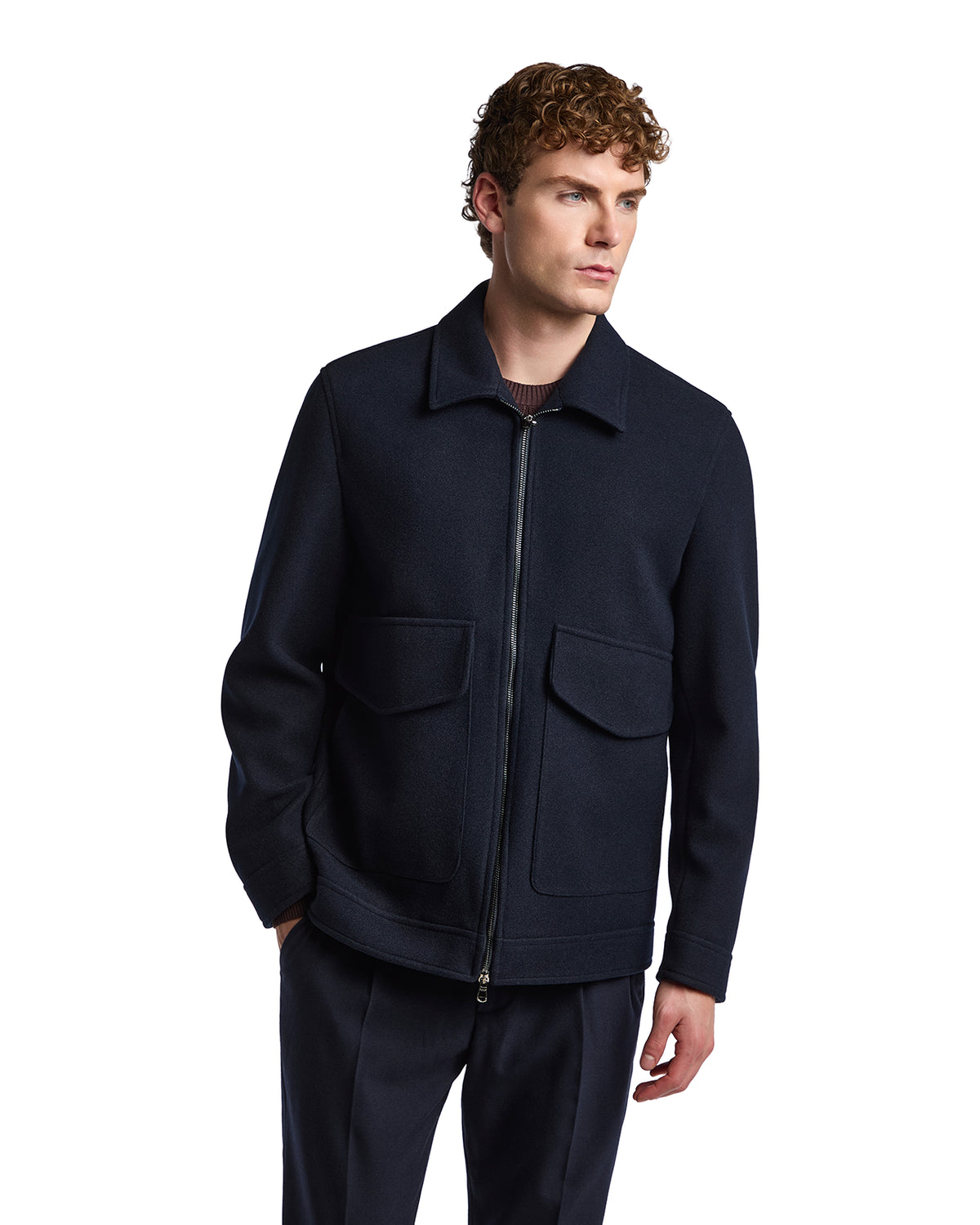Navy wool blend jacket with two front pockets and zip closure, featuring a classic stylish design.